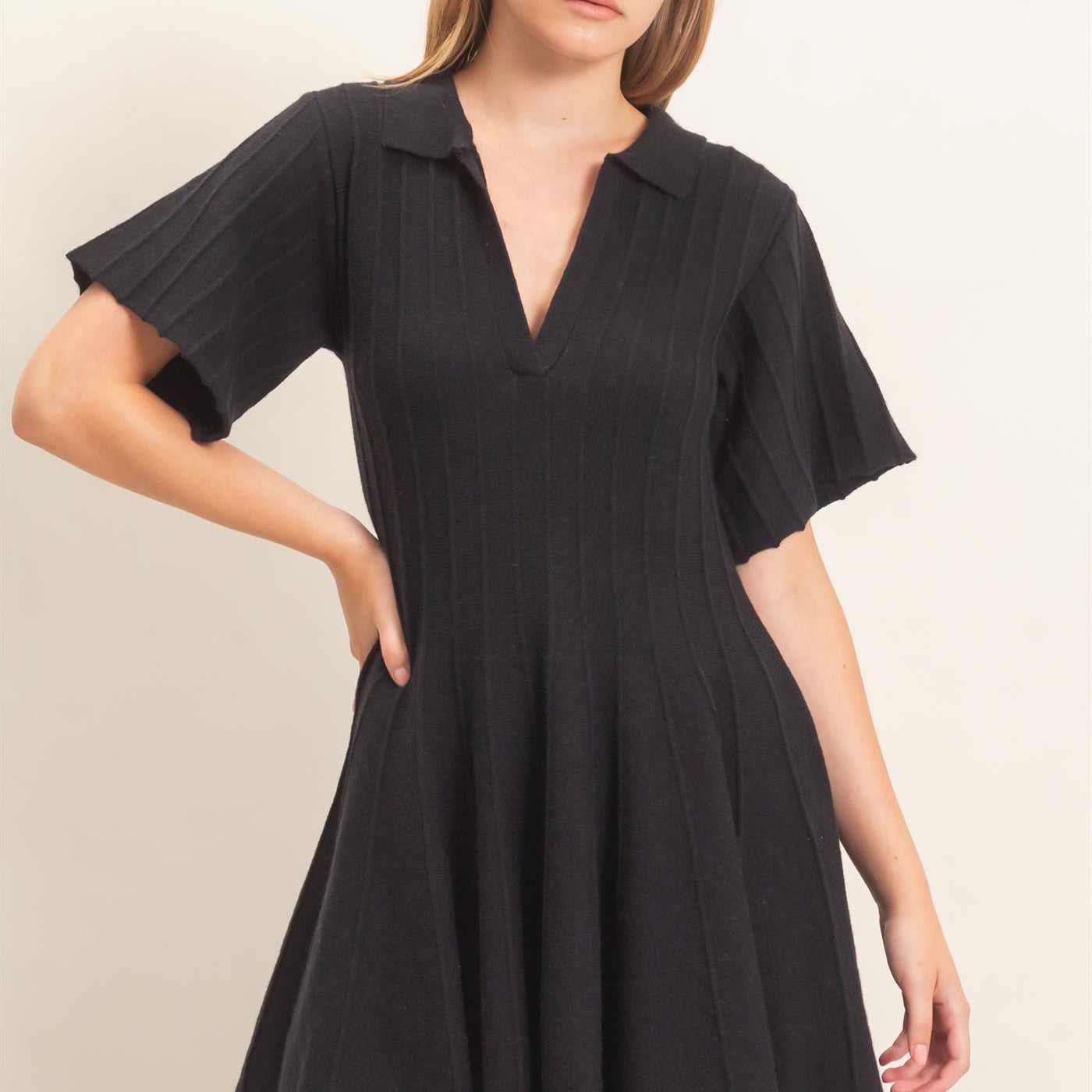 Wholesale Ribbed Knit Collared Dress Dresses HF26E365 BLACK HYFVE