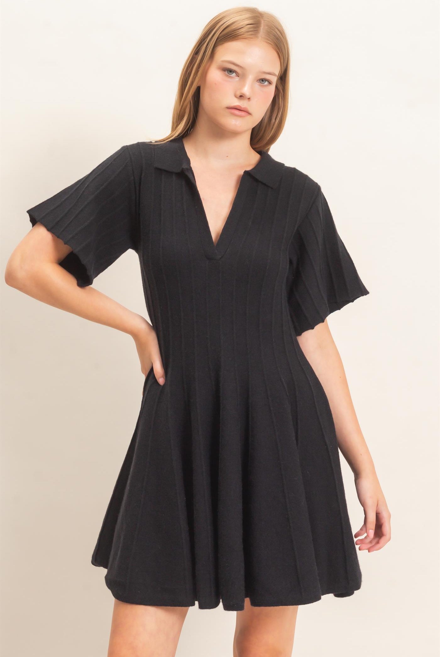 Wholesale Ribbed Knit Collared Dress Dresses HF26E365 BLACK HYFVE