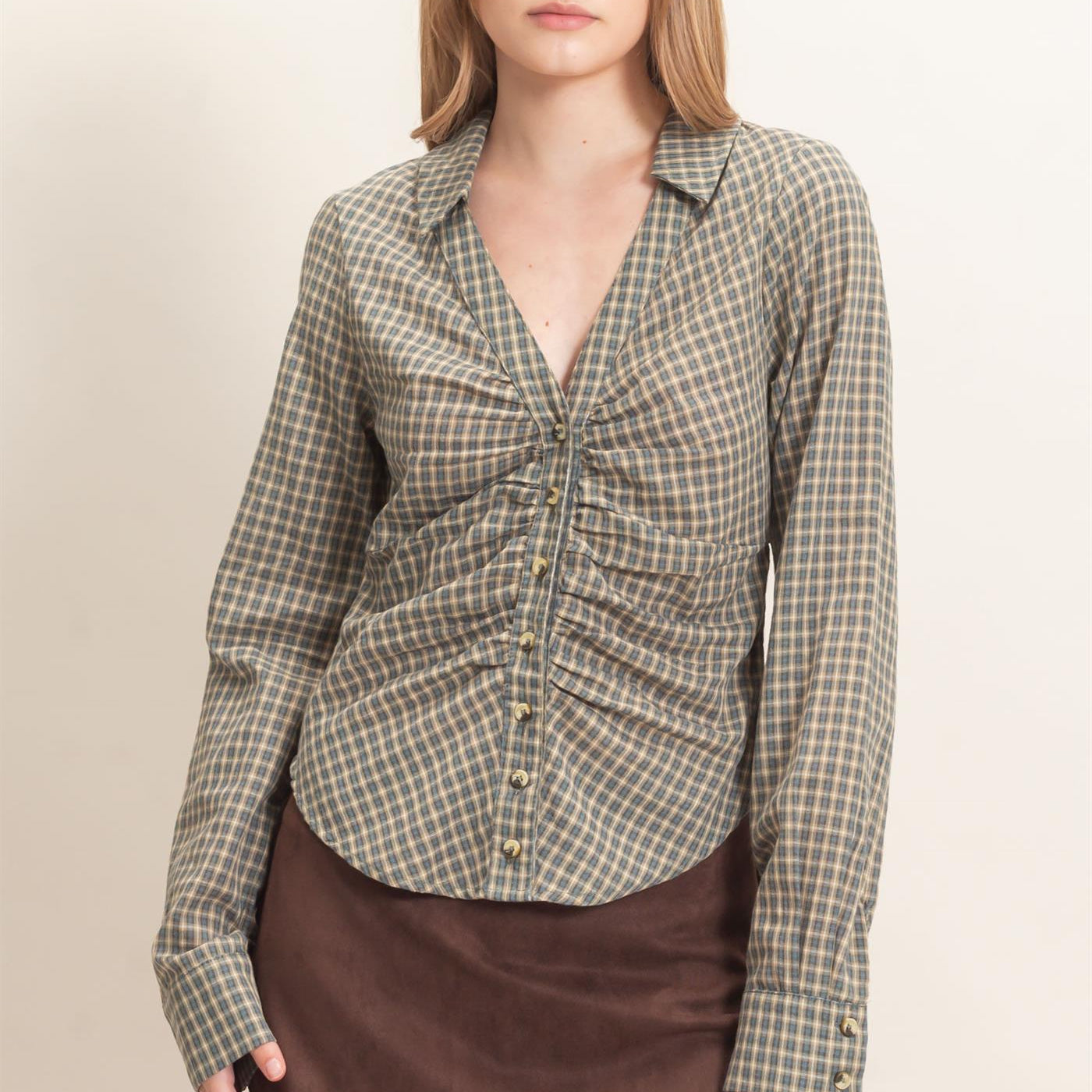 Wholesale Ruched Button-Down Shirt Blouses HF26E348 TEAL BLUE HYFVE