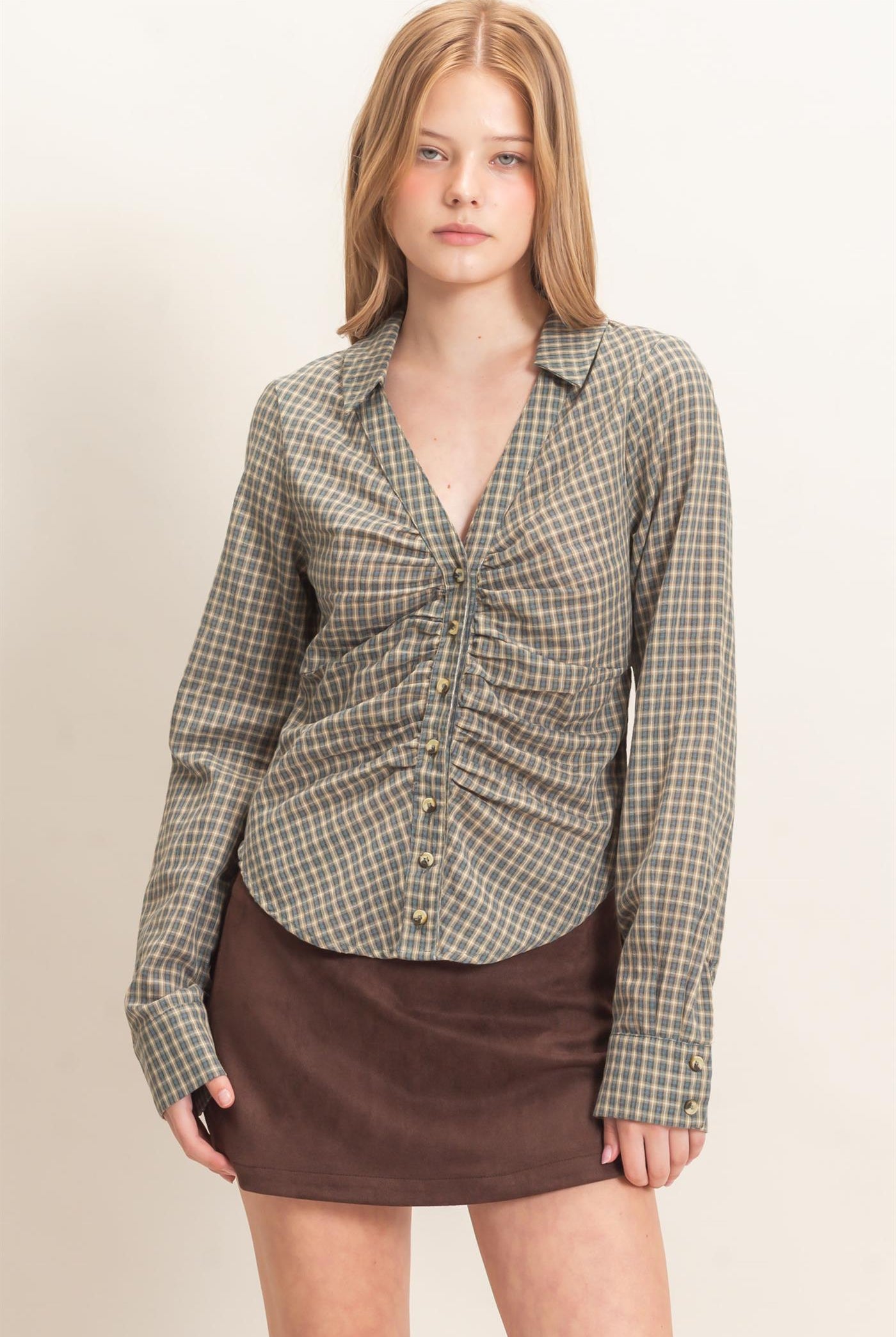 Wholesale Ruched Button-Down Shirt Blouses HF26E348 TEAL BLUE HYFVE