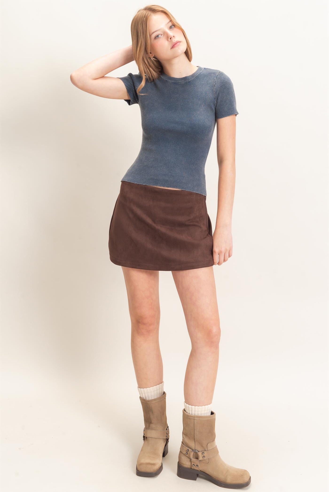 Wholesale Faux Suede Skort Skorts HF26F220 CHESTNUT HYFVE