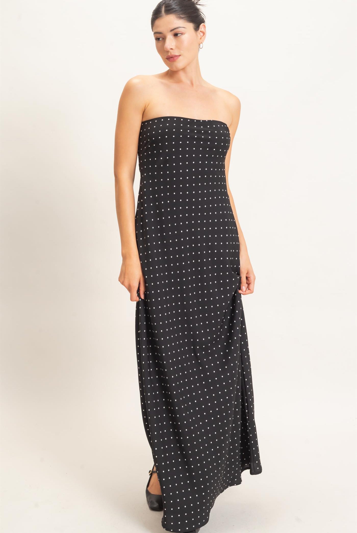 Wholesale Strapless Polka Dot Maxi Dress Dresses HF26E845 BLACK HYFVE