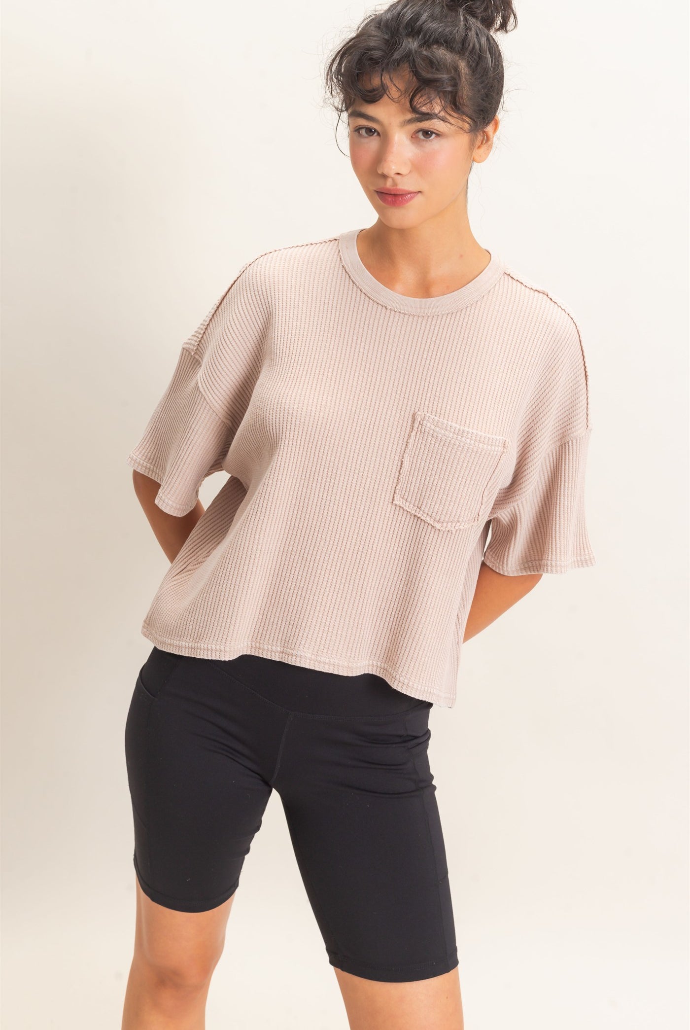 Wholesale Mineral Wash Waffle Knit Pocket Top Clothing Tops DZ26E222 DARK TAUPE DOUBLE ZERO