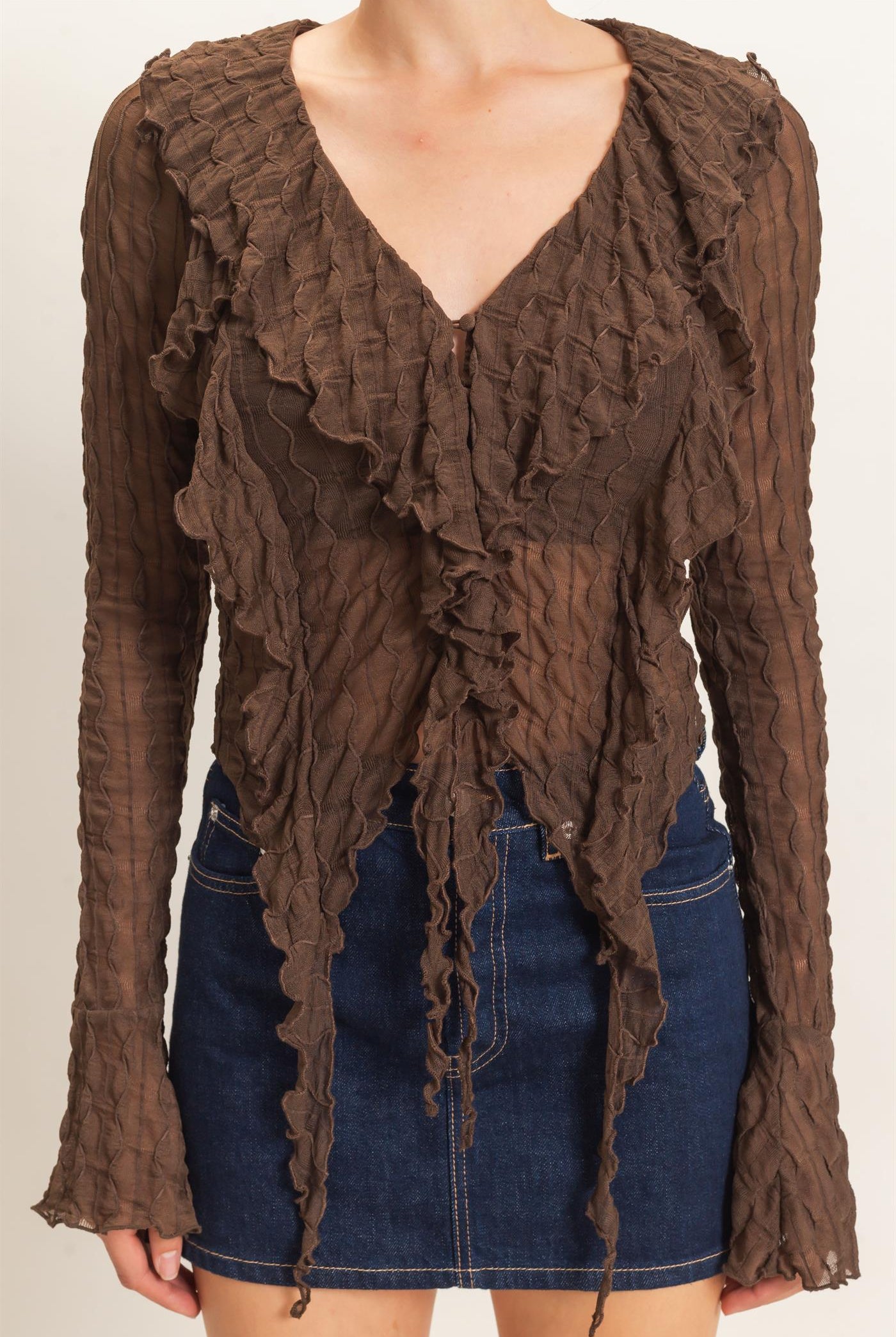 Wholesale Textured V-Neck Tie Front Top Blouses HF26F072 BROWN HYFVE