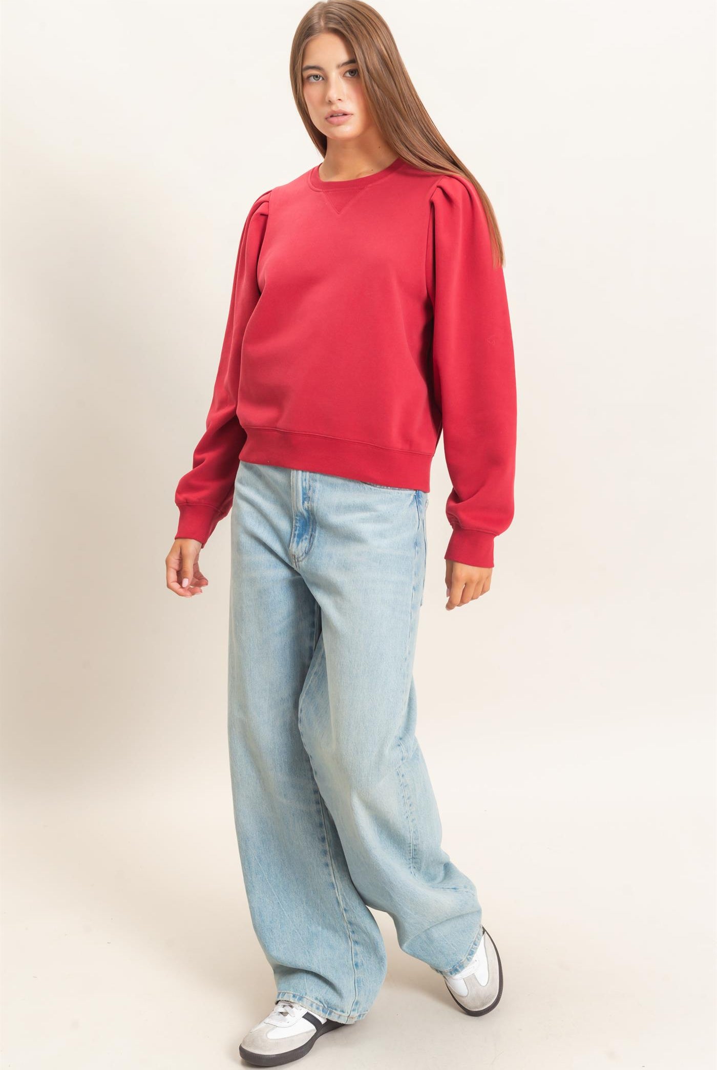 Wholesale Puff Sleeve Crew Neck Sweatshirt Sweatshirts DZ26E110 DARK RED DOUBLE ZERO