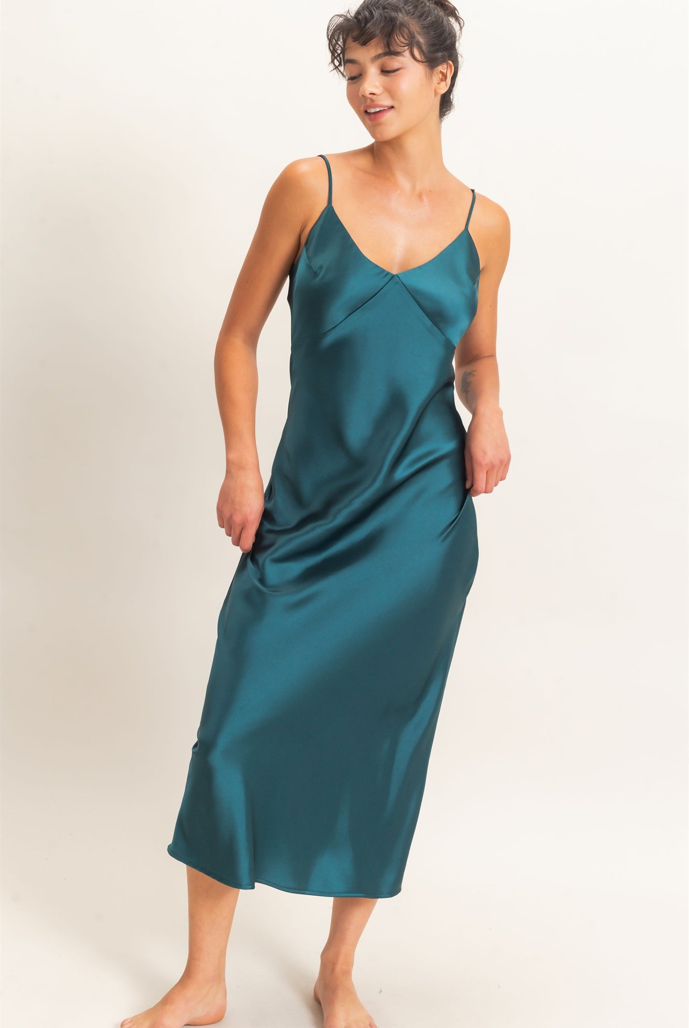 Wholesale Satin V-Neck Slip Dress Dresses DZ26E262 DARK TEAL DOUBLE ZERO