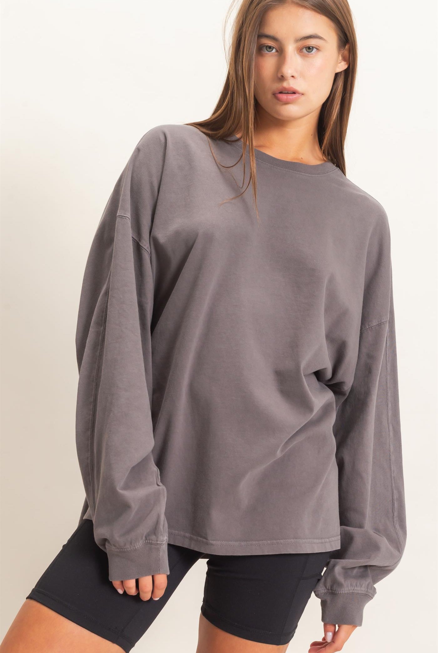 Wholesale Pigment Dye Oversized Long Sleeve Top Clothing Tops DZ26A825 CHARCOAL DOUBLE ZERO
