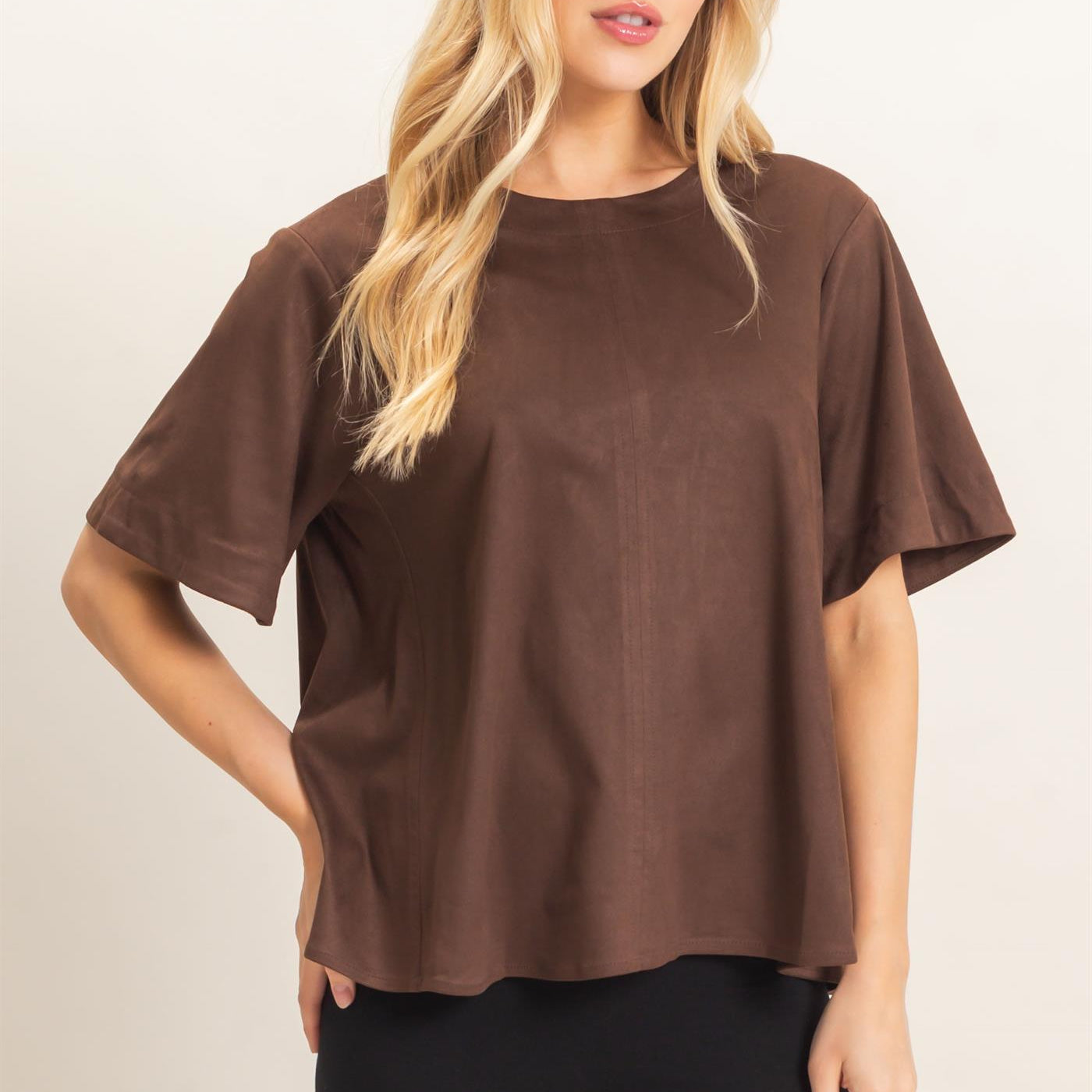 Wholesale Suede Boat Neck Top Clothing Tops HF26E351 CHESTNUT HYFVE