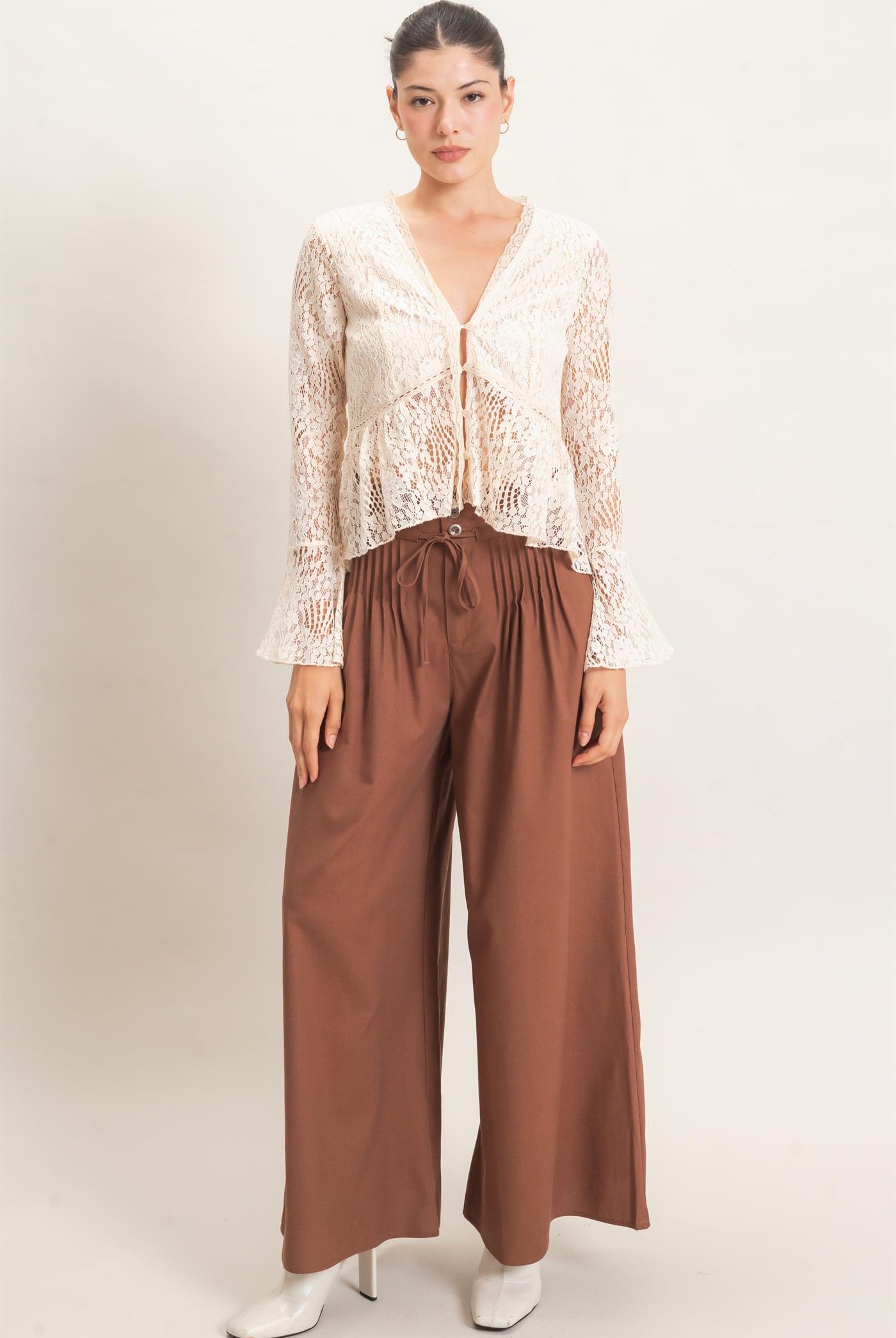 Wholesale Lace V-Neck Peplum Top Clothing Tops HF26E560 CREAM HYFVE