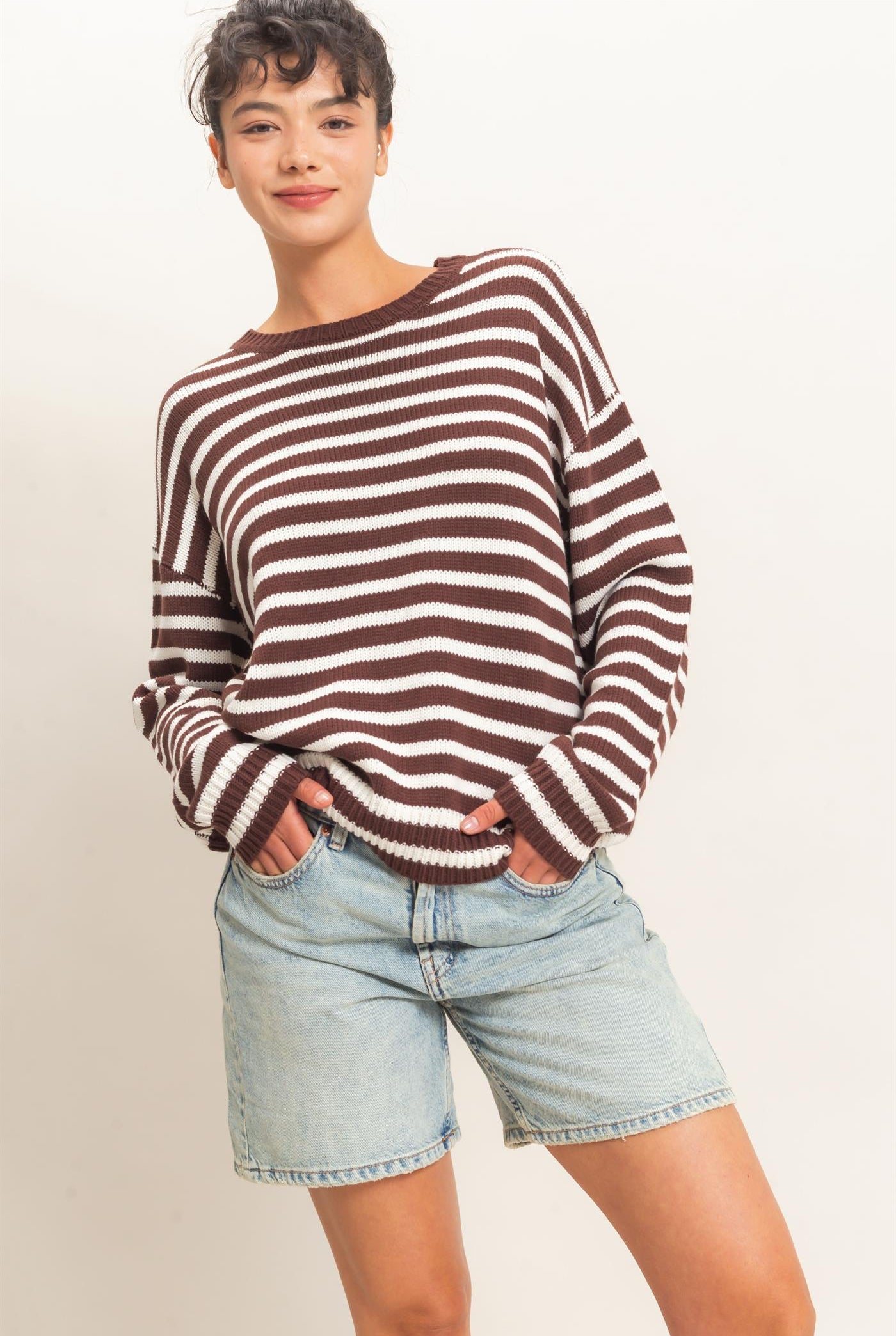 Wholesale Striped Crew Neck Sweater Sweaters DZ26E237 DARK BROWN DOUBLE ZERO