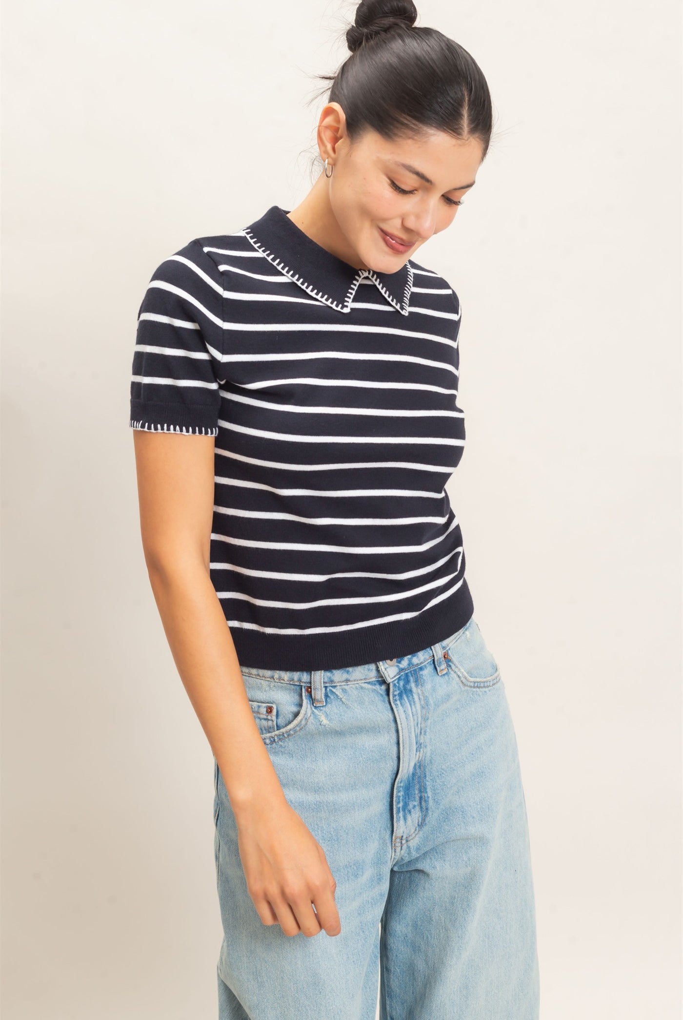 Wholesale Striped Polo Collar Sweater Sweaters HF26E233 NAVY HYFVE