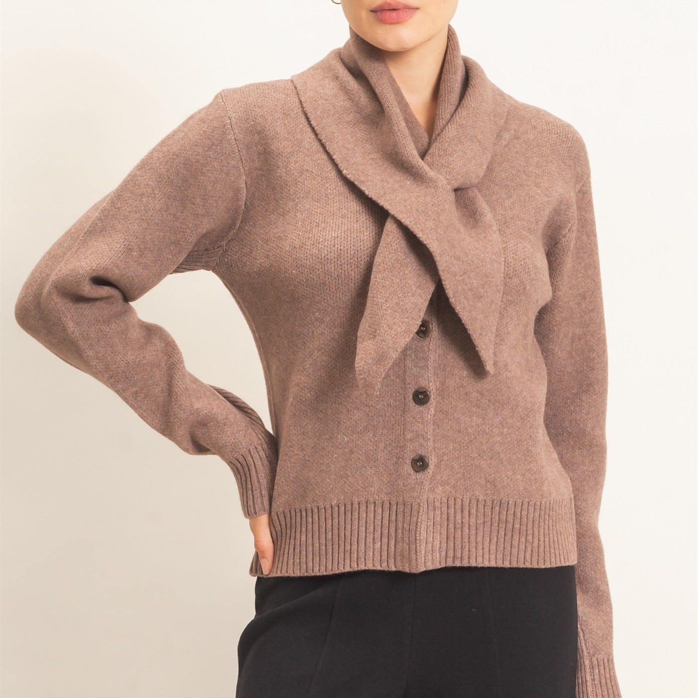 Wholesale Attached Scarf Button-Front Cardigan Cardigans HF26E870 MOCHA HYFVE