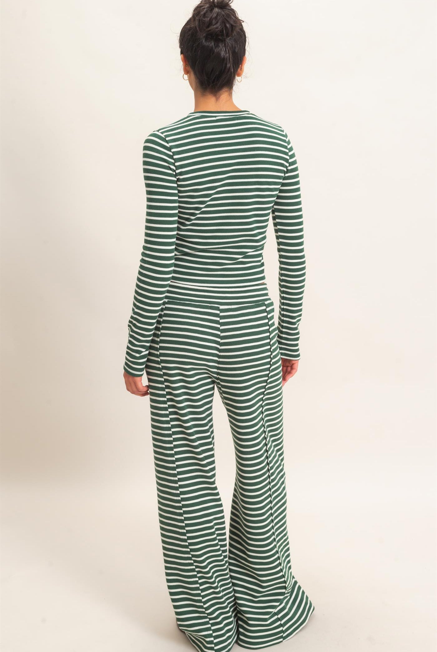 Wholesale Striped Waffle Long Sleeve Top & Pants Set Clothing DZ25F479-SET DARK GREEN DOUBLE ZERO
