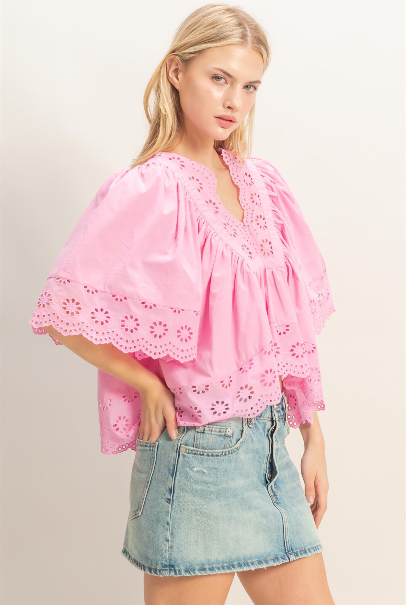 Wholesale Scalloped Eyelet Babydoll Top Clothing Tops HF26C293 PINK HYFVE