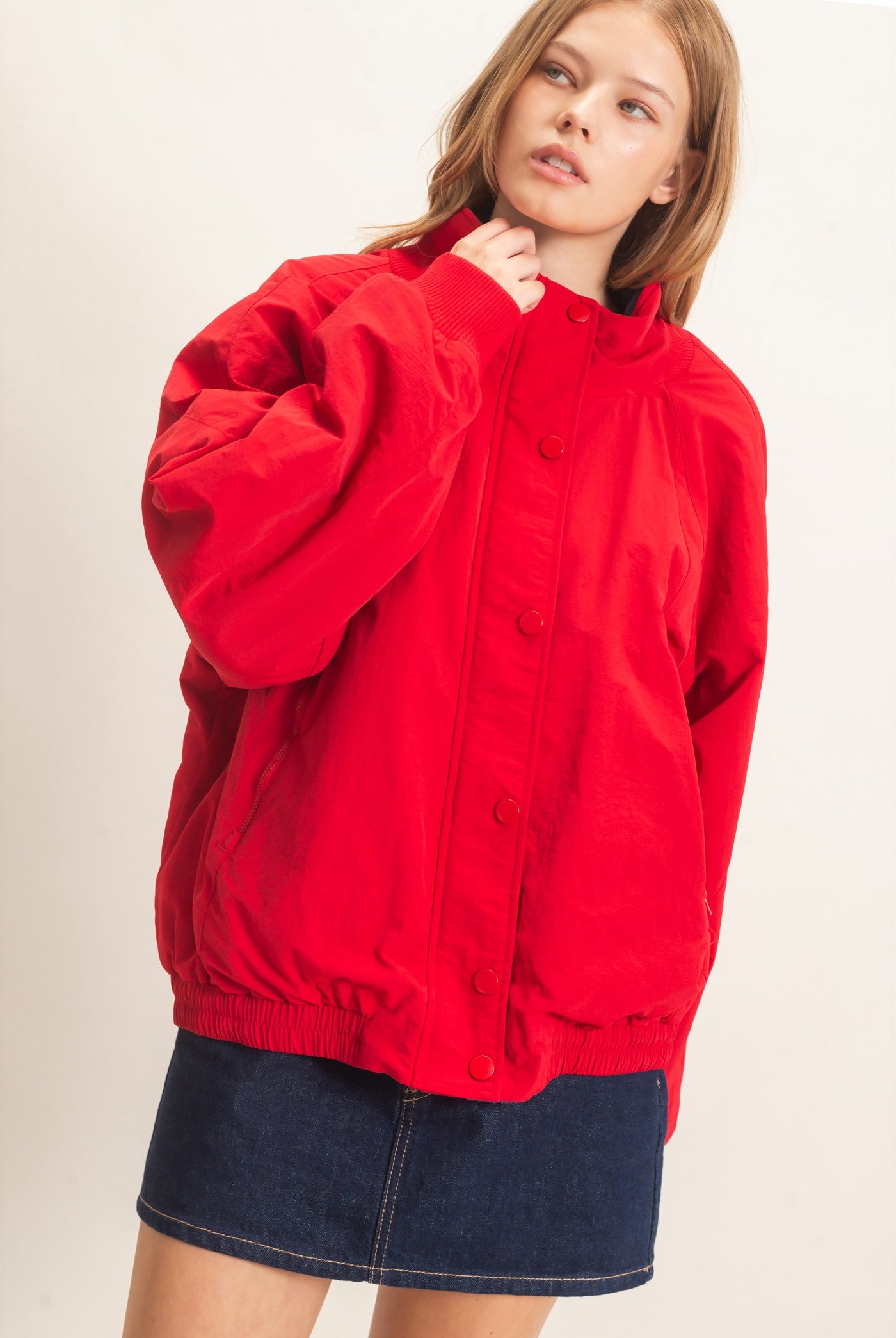 Wholesale Fleece-Lined Mock Neck Snap Jacket Coats & Jackets HF26C918 RED HYFVE