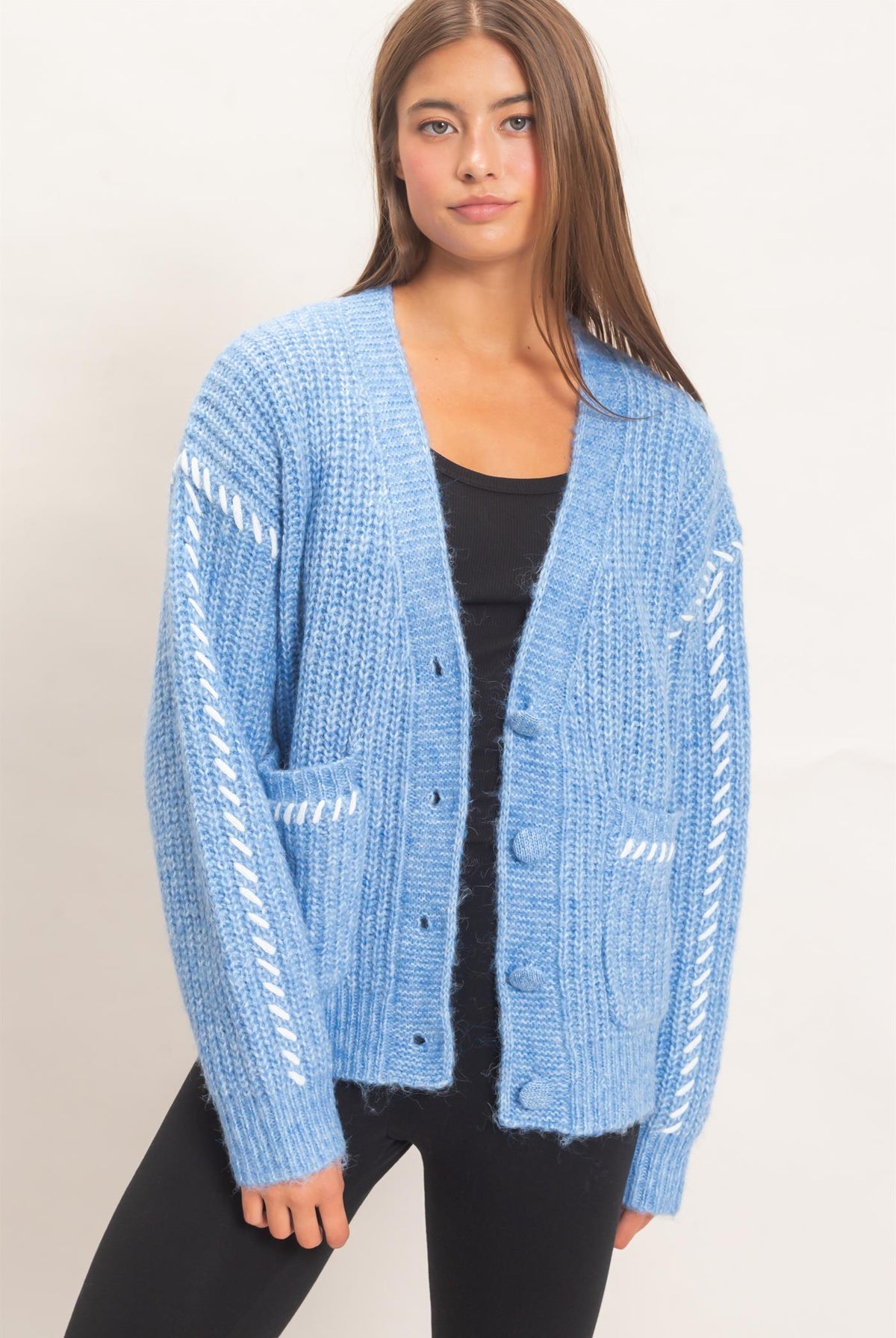 Wholesale Blanket Stitch Oversized Sweater Cardigan Cardigans DZ26E296 BLUE DOUBLE ZERO