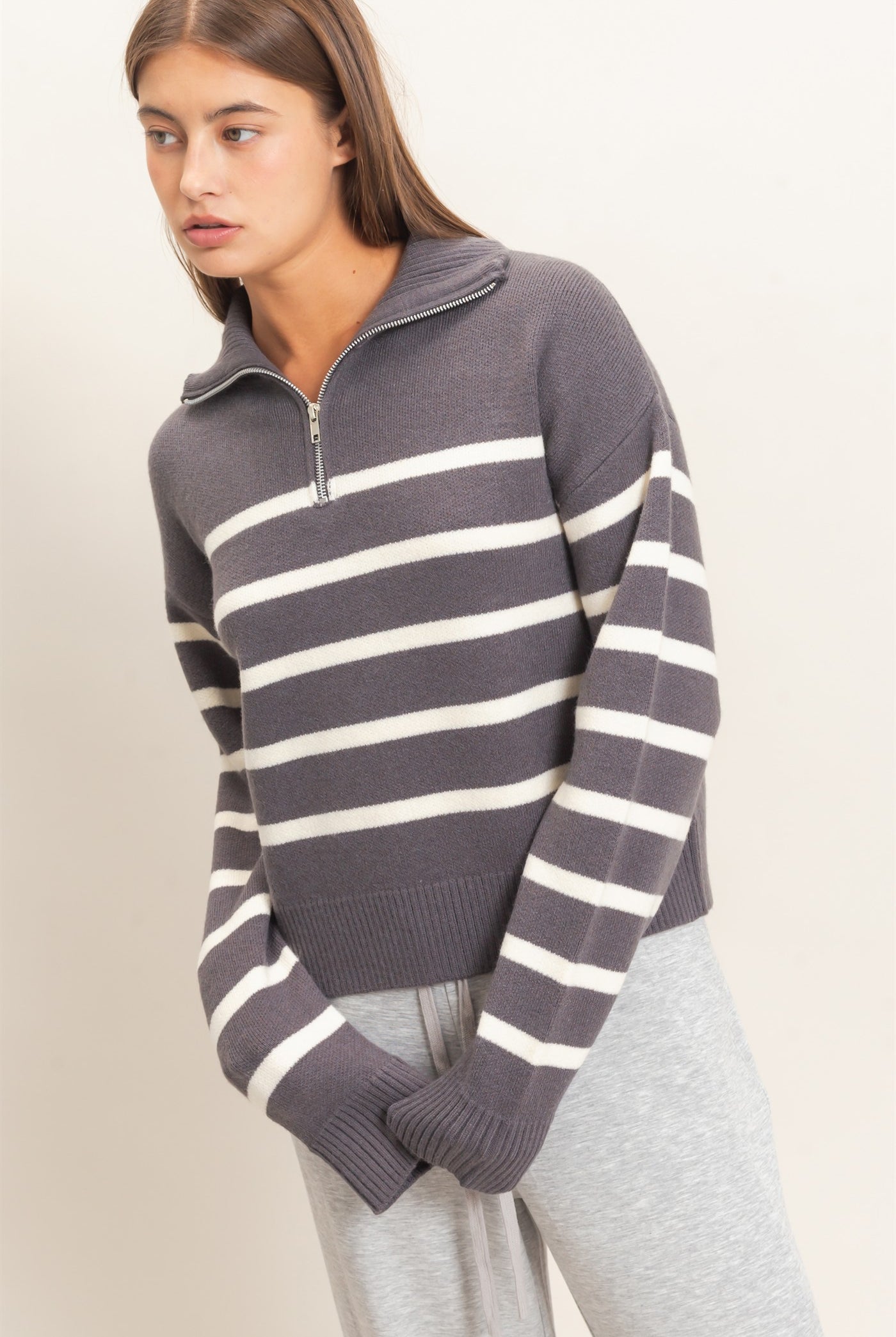 Wholesale Half-Zip Collared Stripe Sweater Sweaters DZ26E950 CHARCOAL DOUBLE ZERO