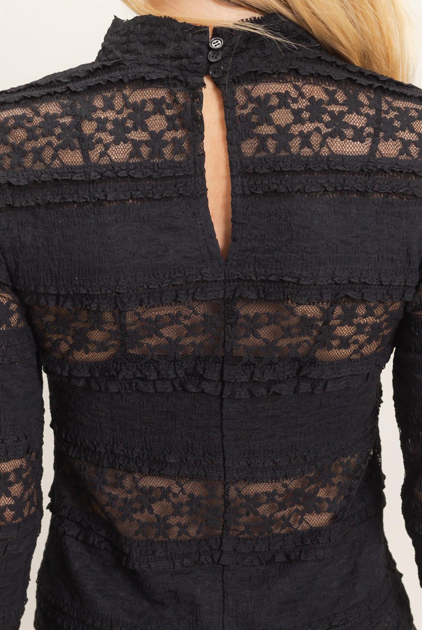 Wholesale Textured Lace High Neck Top Clothing Tops HF26C769 BLACK HYFVE