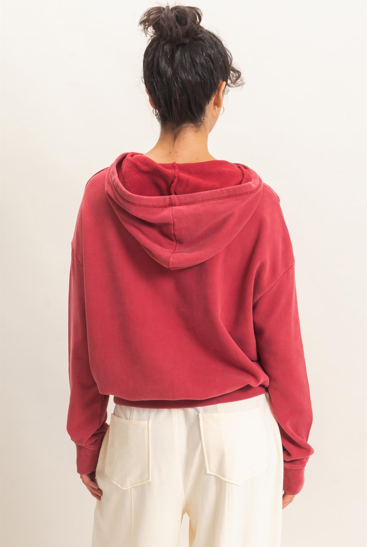Wholesale Acid Wash Hoodie Clothing Tops DZ26E112 DARK RED DOUBLE ZERO