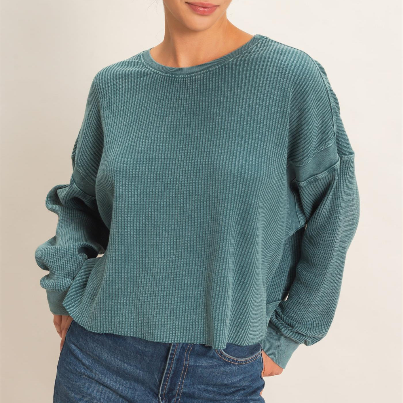 Wholesale Mineral Wash Waffle Open Back Top Clothing Tops DZ26C964 DARK TEAL DOUBLE ZERO