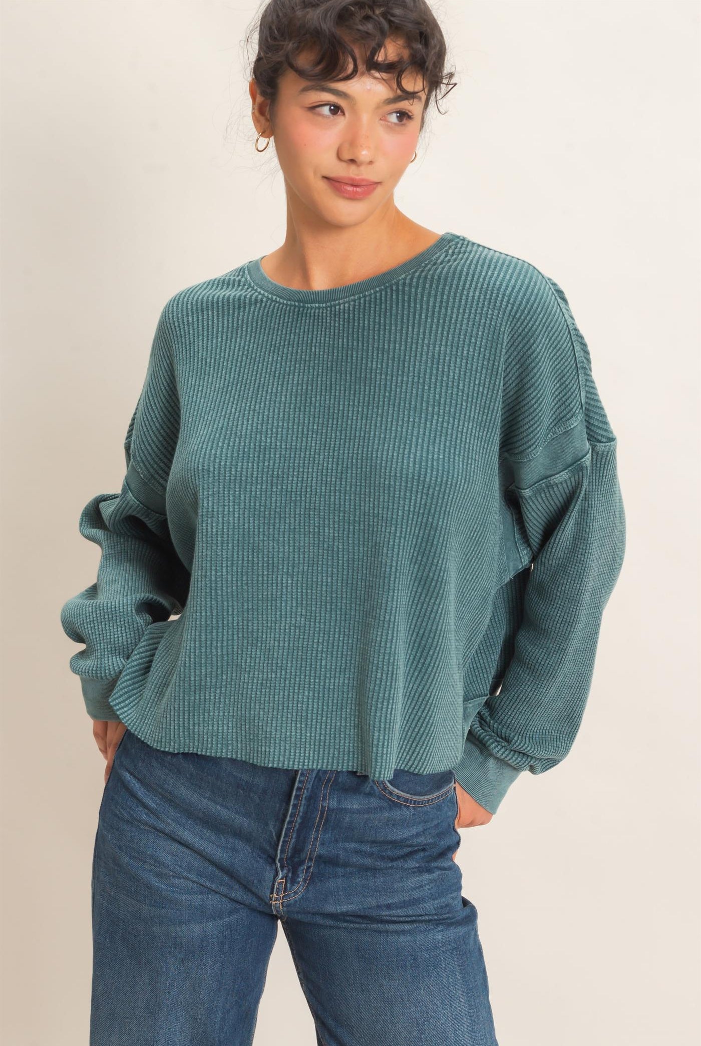 Wholesale Mineral Wash Waffle Open Back Top Clothing Tops DZ26C964 DARK TEAL DOUBLE ZERO