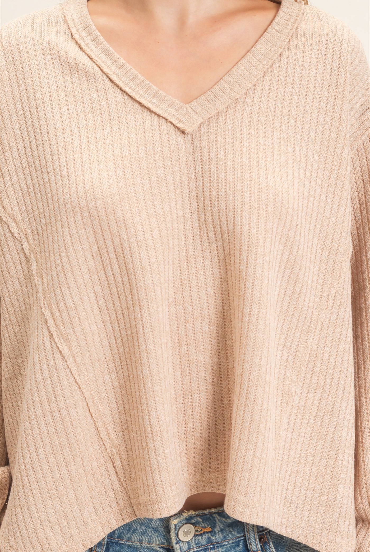 Wholesale Ribbed V-Neck Knit Top Shirts HF26F351 BEIGE HYFVE