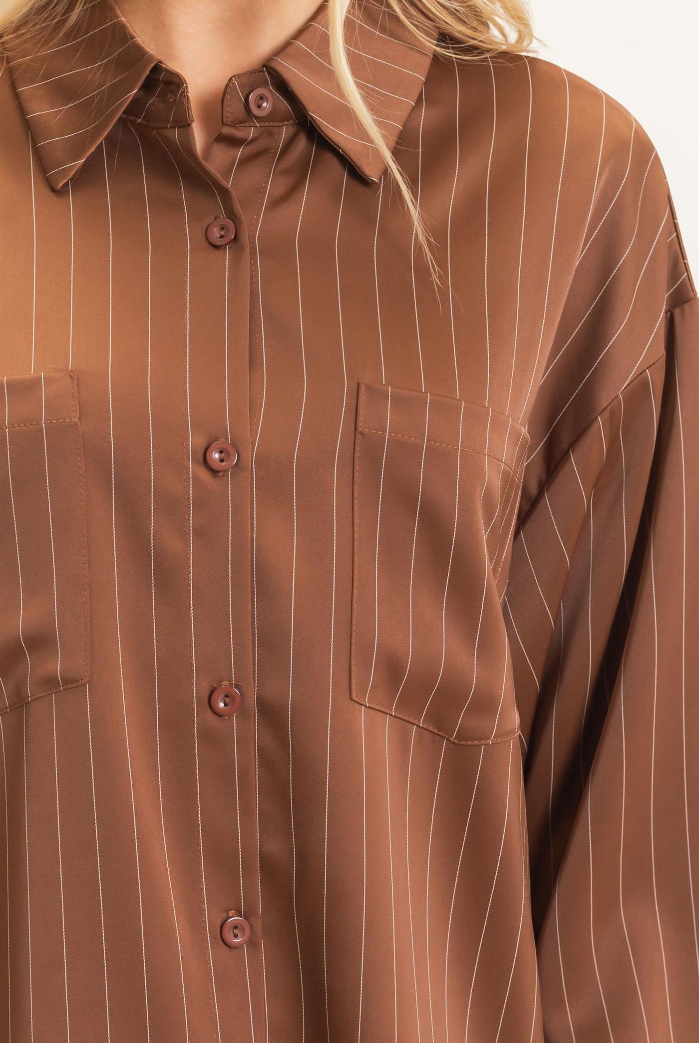 Wholesale Striped Button-Up Blouse Blouses HF26C953 CHOCOLATE HYFVE