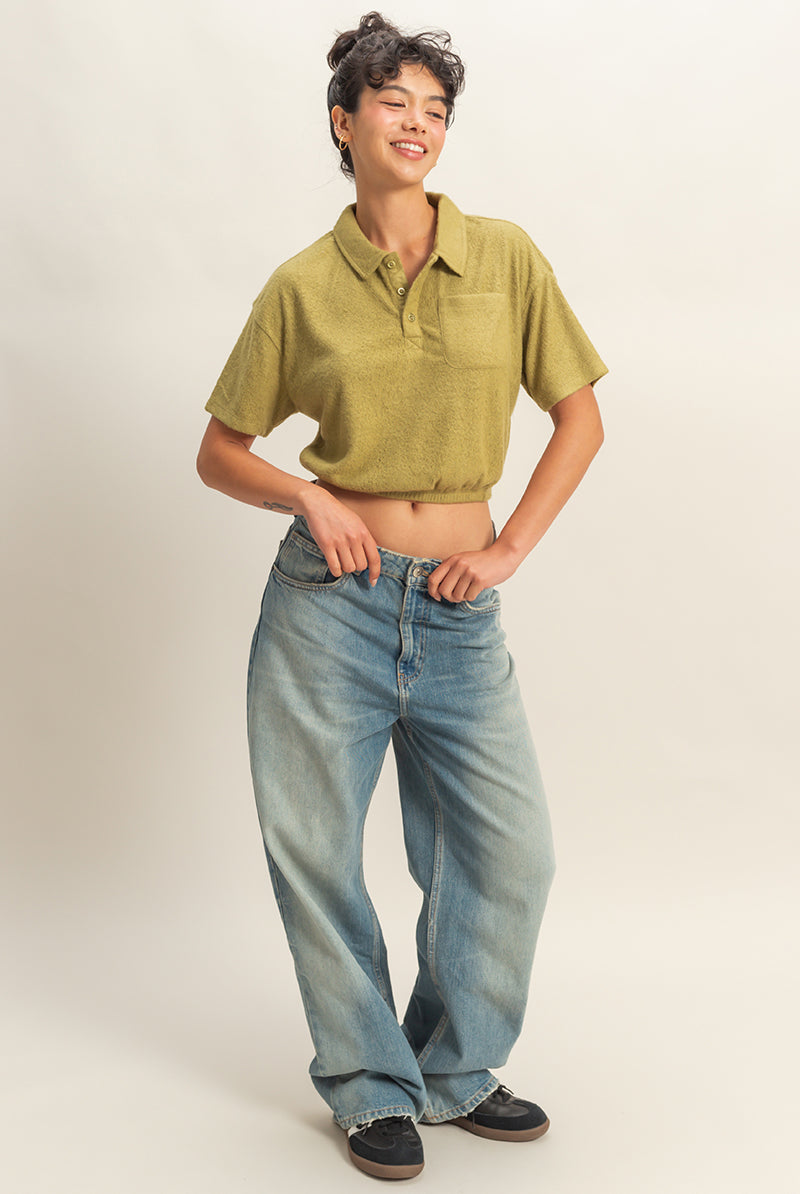 Wholesale Collared Short Sleeve Crop Top Clothing Tops DZ22A477 MOSS DOUBLE ZERO