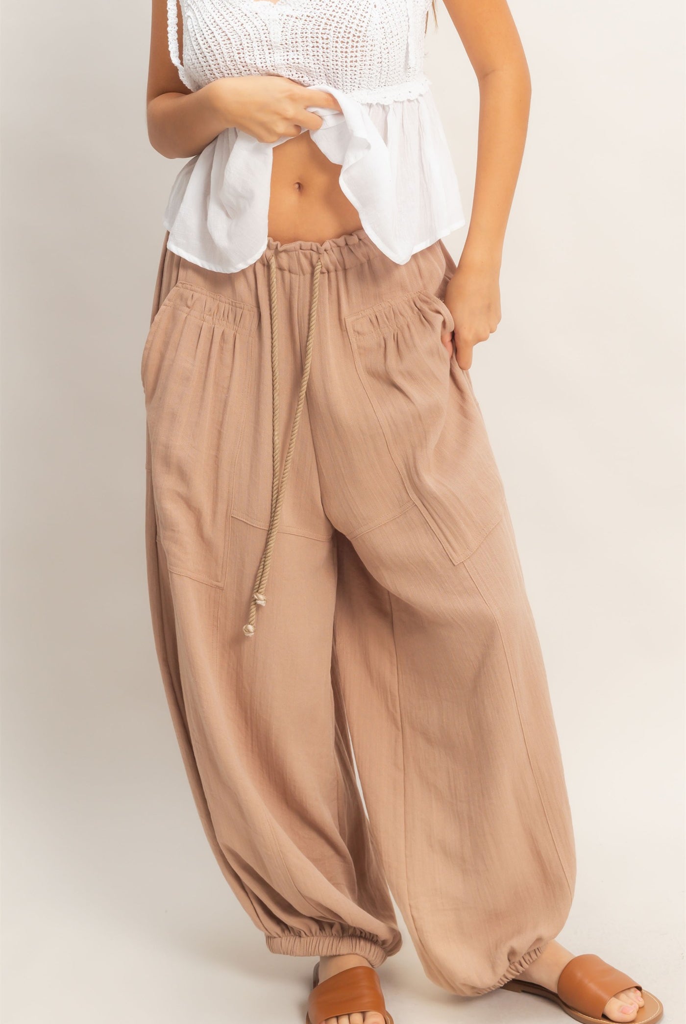 Wholesale Elastic Hem Drawstring Pants Pants HF26A905-D LIGHT BROWN HYFVE
