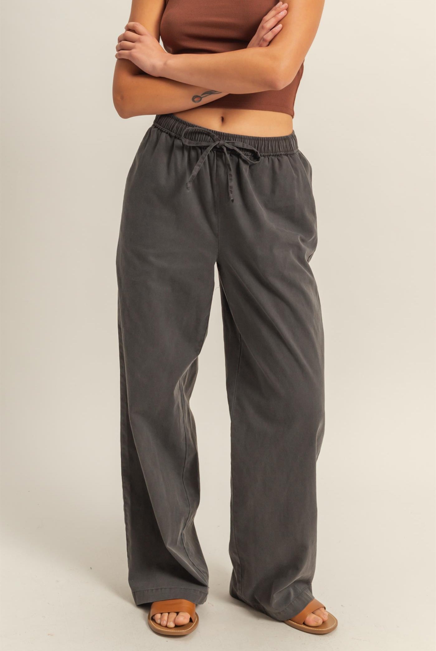 Wholesale Drawstring Waist Straight Leg Pants Pants DZ24A339 BLACK DOUBLE ZERO