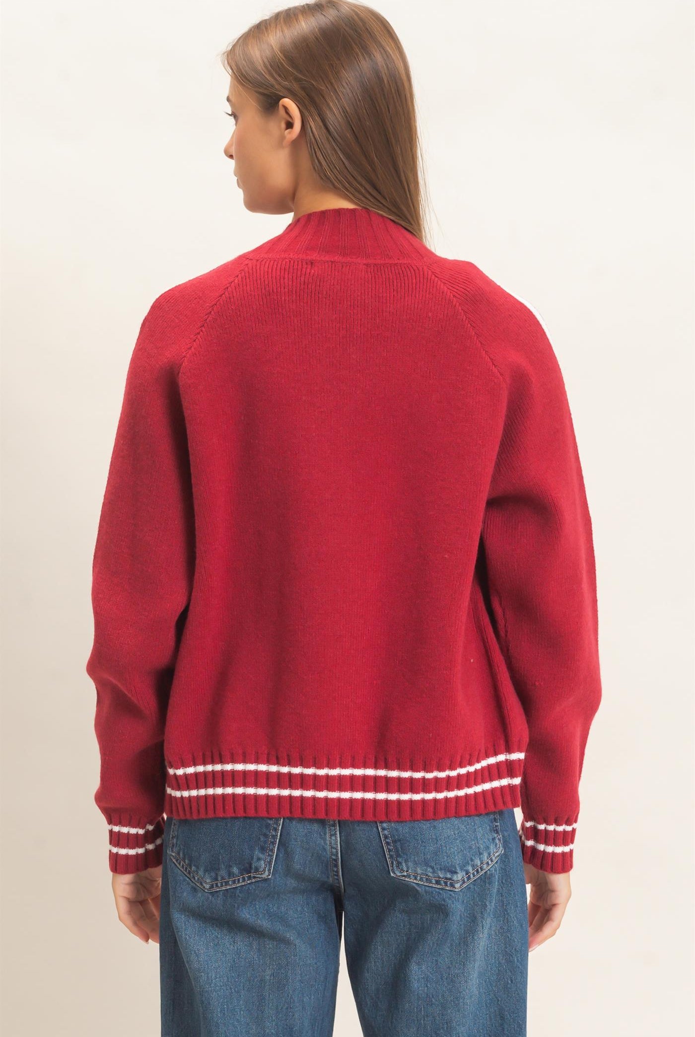 Wholesale Contrast Stripe Zip-Up Sweater Sweaters DZ26E861 DARK RED DOUBLE ZERO