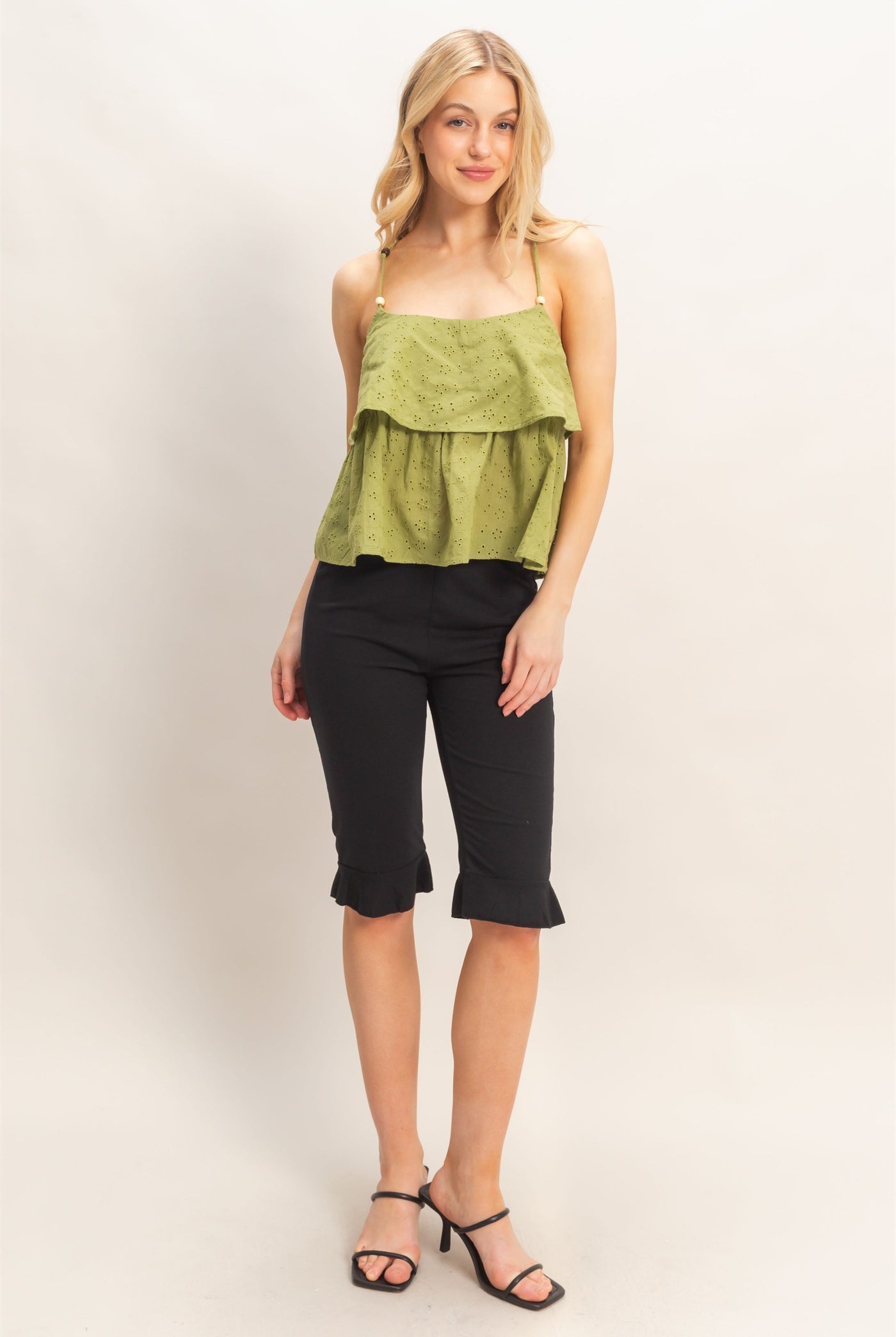 Wholesale Tiered Floral Eyelet Top Blouses HF26A852 LIGHT OLIVE HYFVE