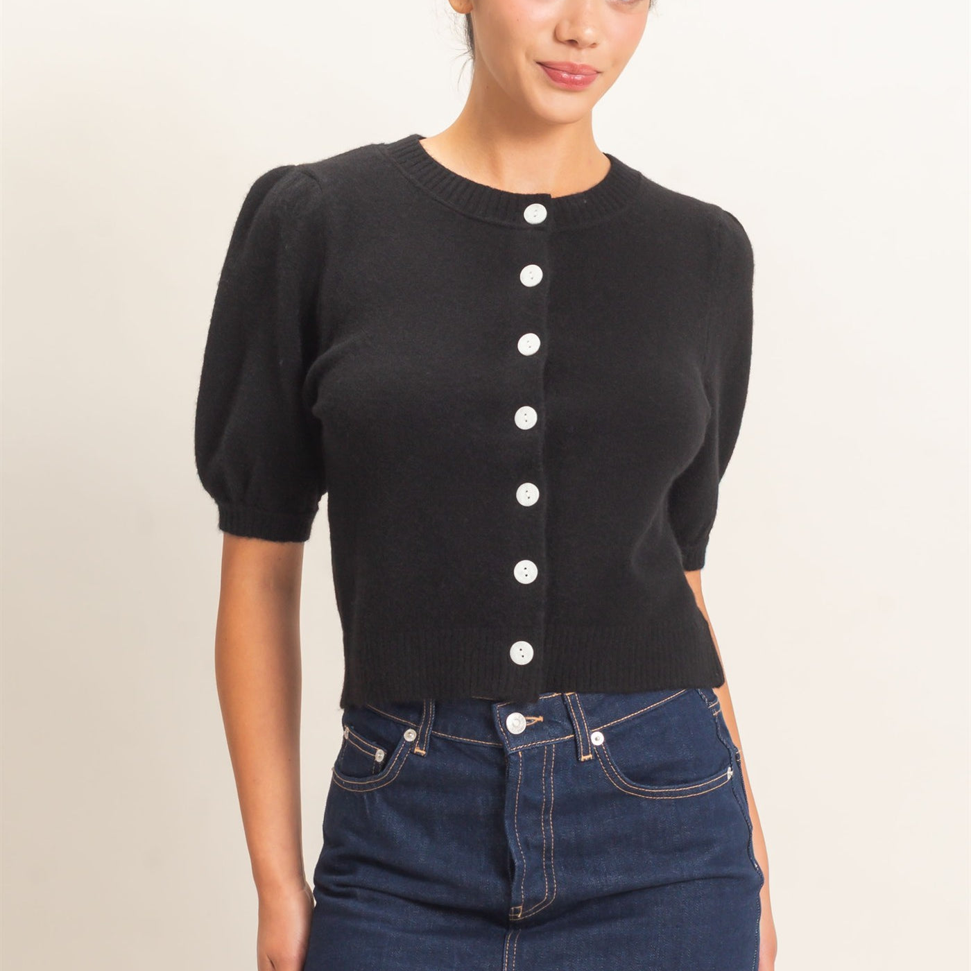 Wholesale Button Front Puff Short Sleeve Cardigan Cardigans DZ26C960 BLACK DOUBLE ZERO