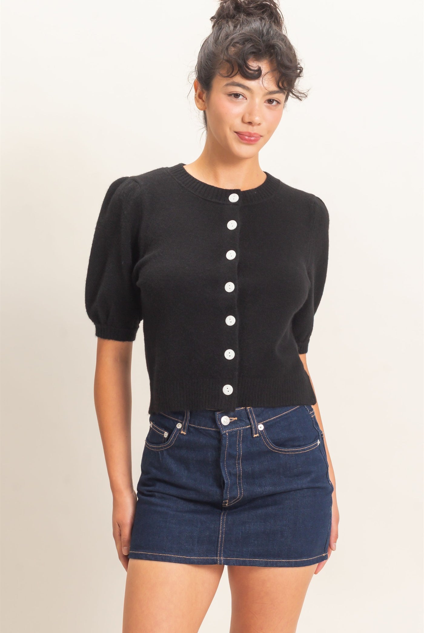 Wholesale Button Front Puff Short Sleeve Cardigan Cardigans DZ26C960 BLACK DOUBLE ZERO