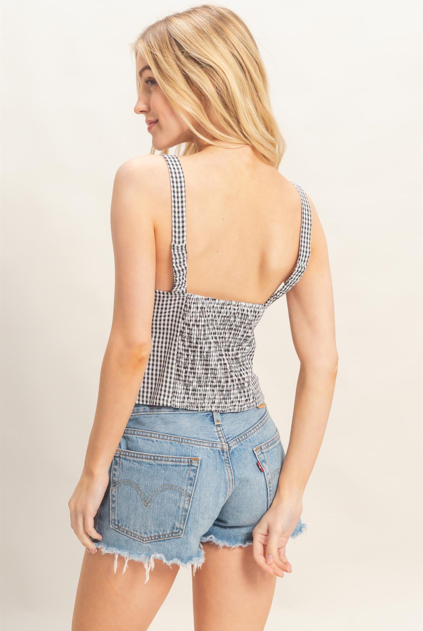 Wholesale Gingham Tie Front Tank Top Tank Tops HF26A013 BLACK HYFVE