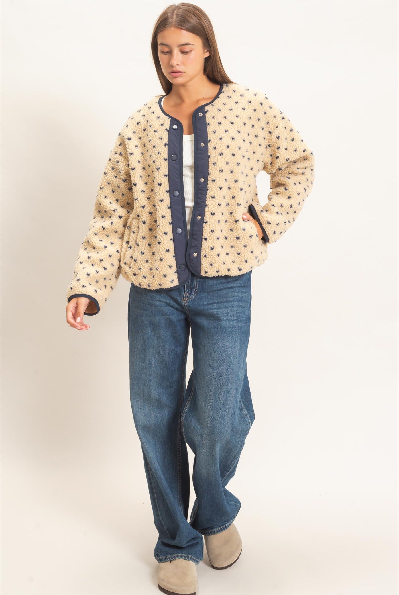 Wholesale Polka Dot Sherpa Jacket Coats & Jackets DZ26F160 NAVY DOUBLE ZERO