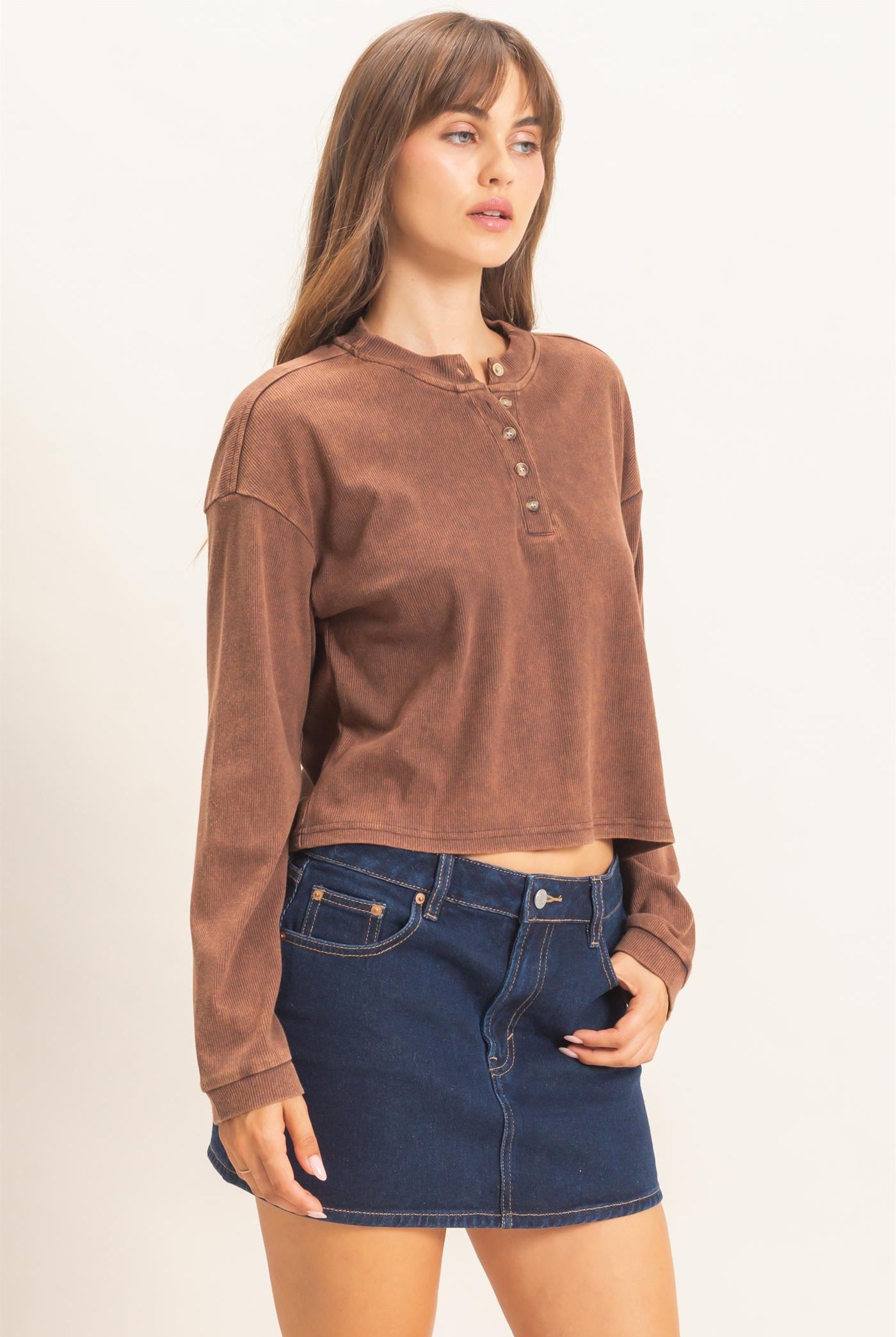 Wholesale Buttoned Henley Top Clothing Tops HF26F081 BROWN HYFVE