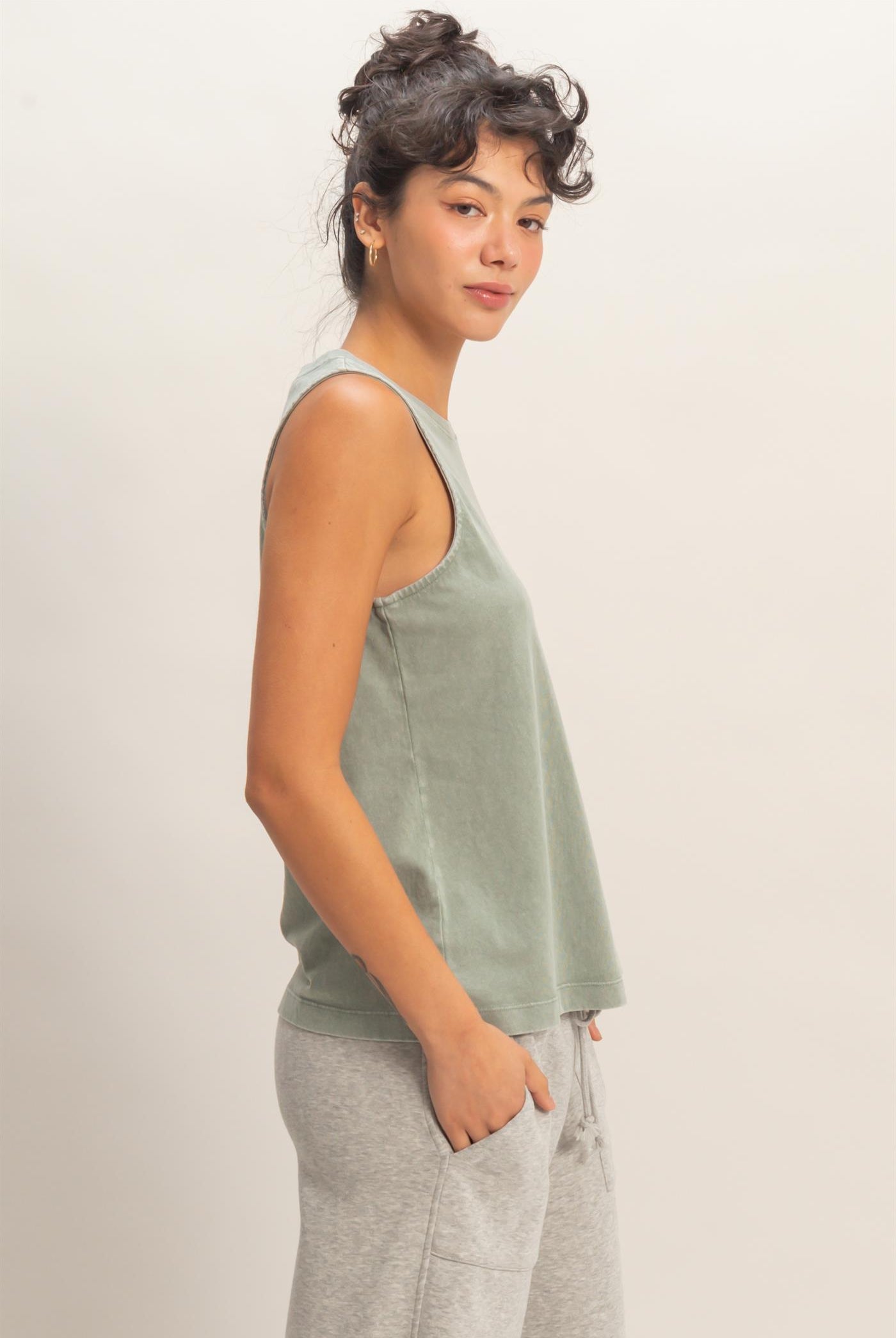 Wholesale Mineral Washed Sleeveless Top Clothing Tops DZ26A739 SAGE GREEN DOUBLE ZERO