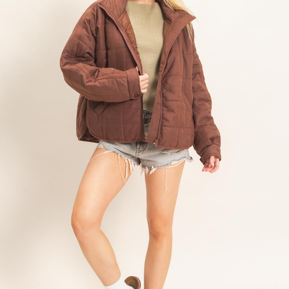 Wholesale Quilted High Collar Jacket Coats & Jackets HF26F167-D BROWN HYFVE