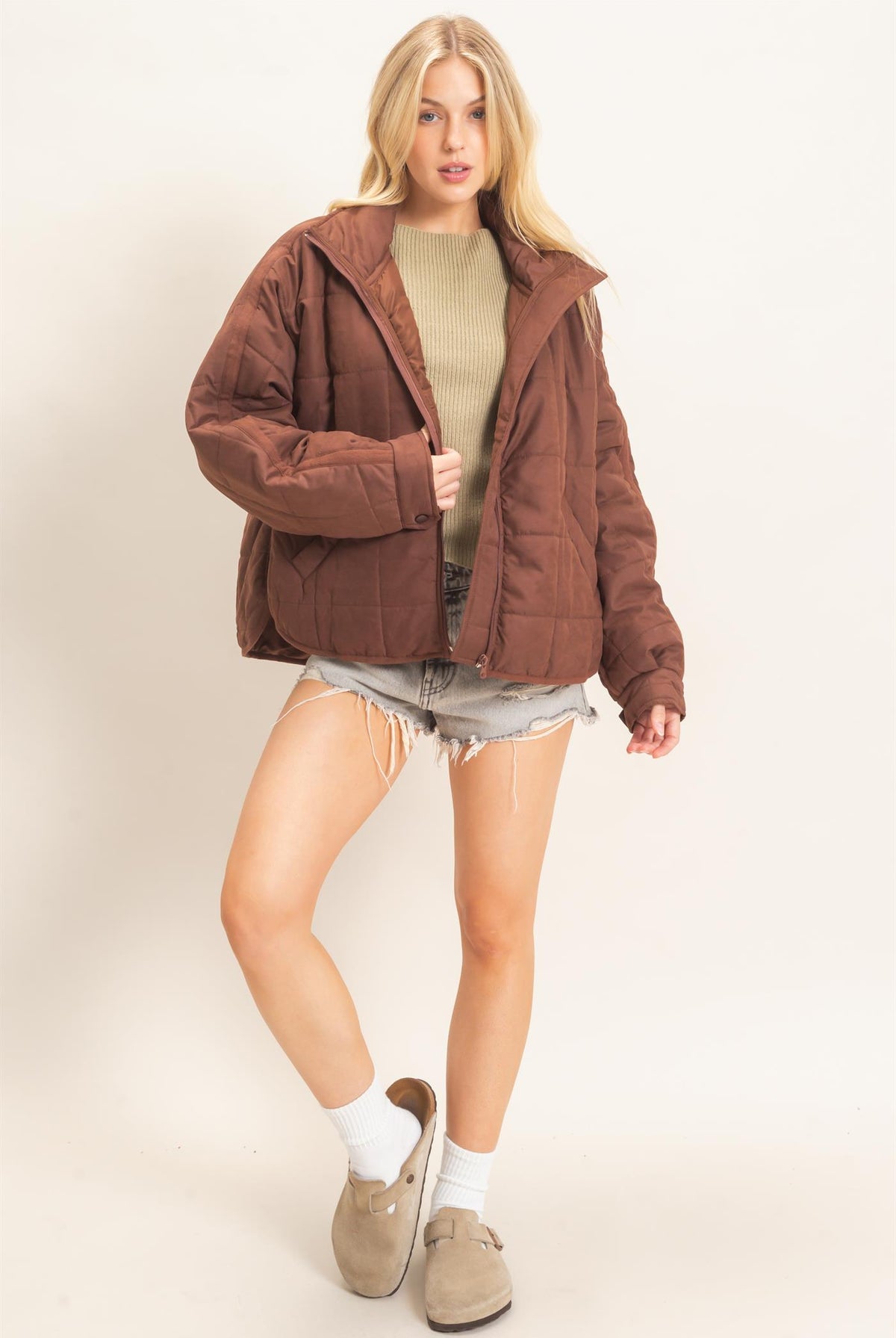 Wholesale Quilted High Collar Jacket Coats & Jackets HF26F167-D BROWN HYFVE