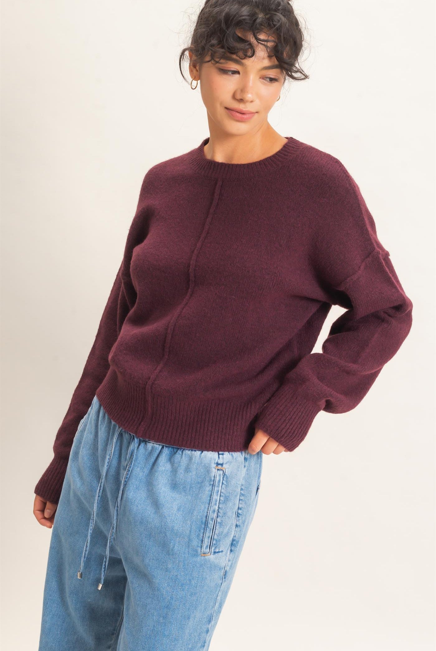 Wholesale Crew Neck Seam Detail Sweater Sweaters DZ26E240 DARK CHERRY DOUBLE ZERO