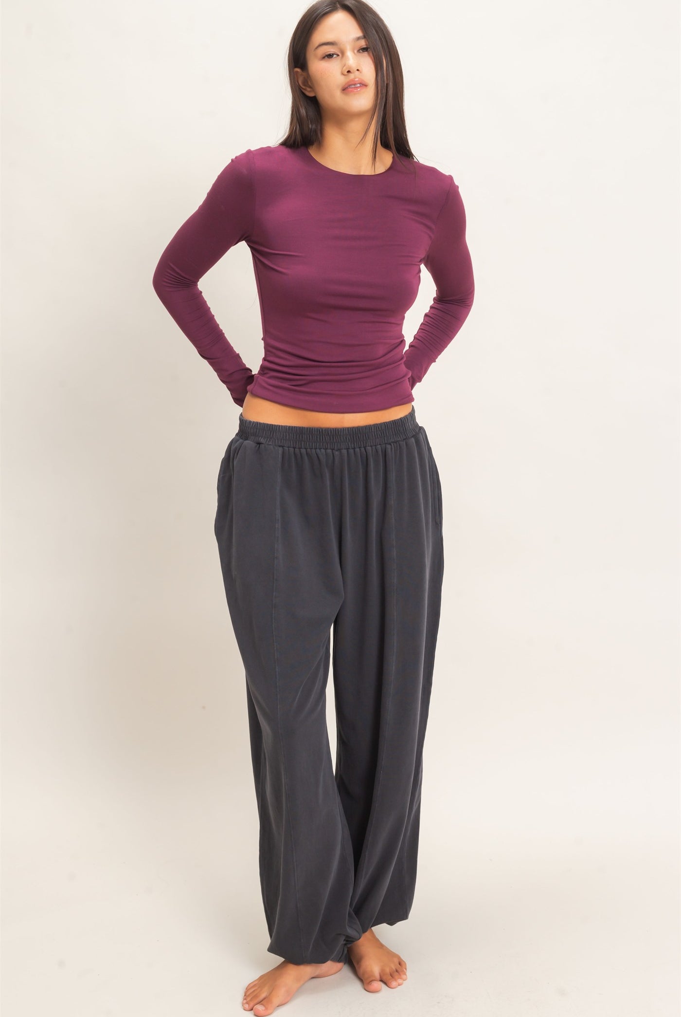 Wholesale Crew Neck Long Sleeve Top Clothing Tops DZ26E978 DARK CHERRY DOUBLE ZERO