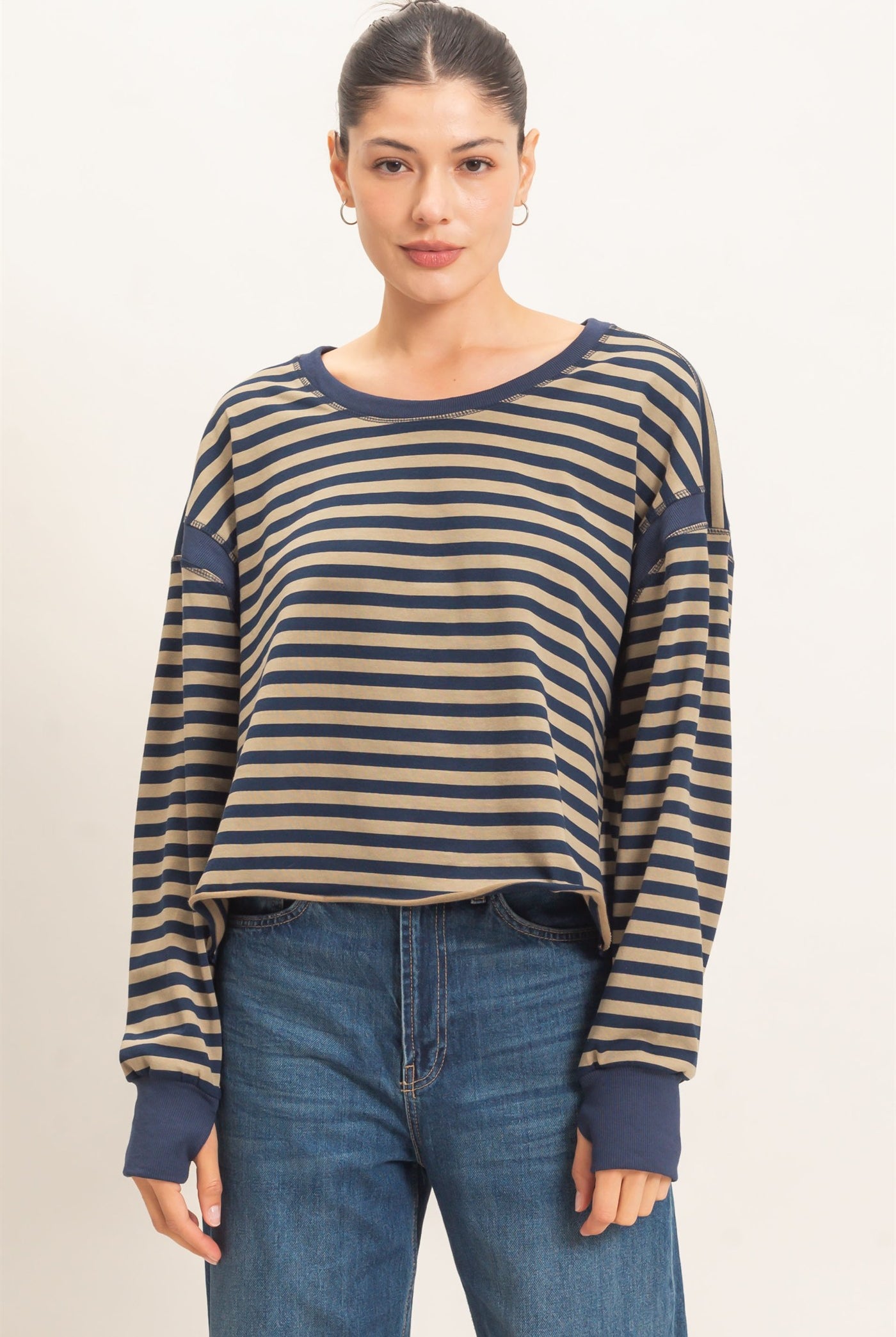 Wholesale Striped Long Sleeve Top Clothing Tops HF26C908-D NAVY HYFVE
