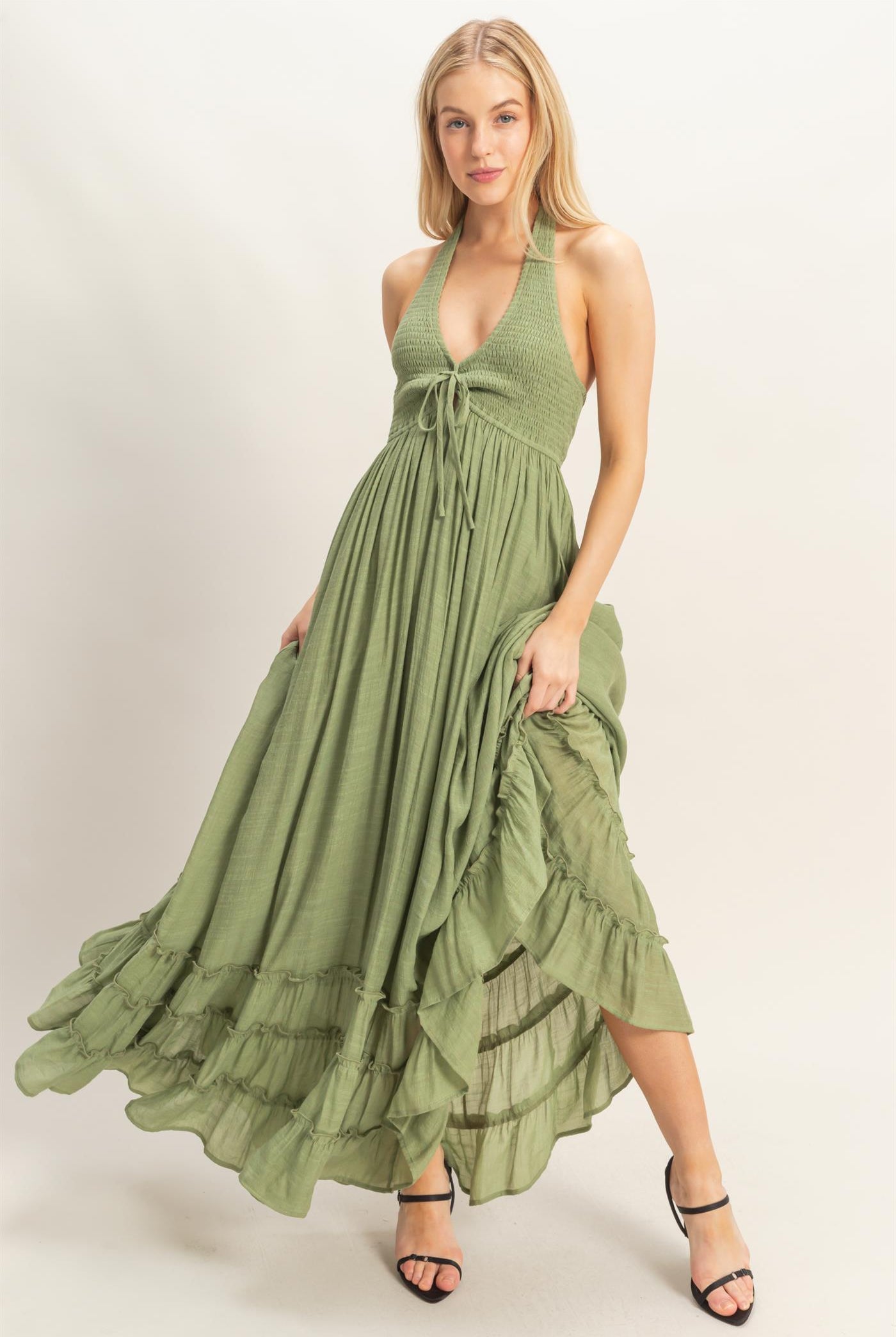 Wholesale Halter Neck Smocked Maxi Dress Dresses HF26C287-D LIGHT OLIVE HYFVE