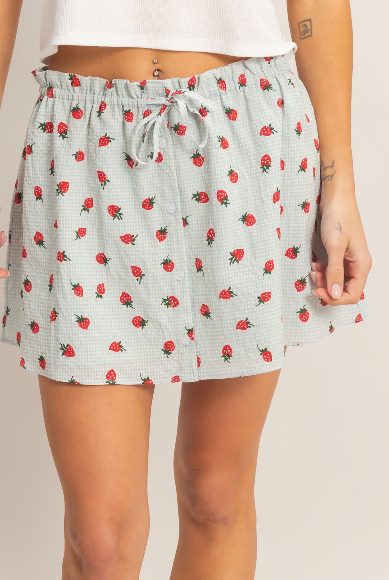 Wholesale Strawberry Print Gingham A-Line Skirt Skirts HF26A598 BLUE HYFVE