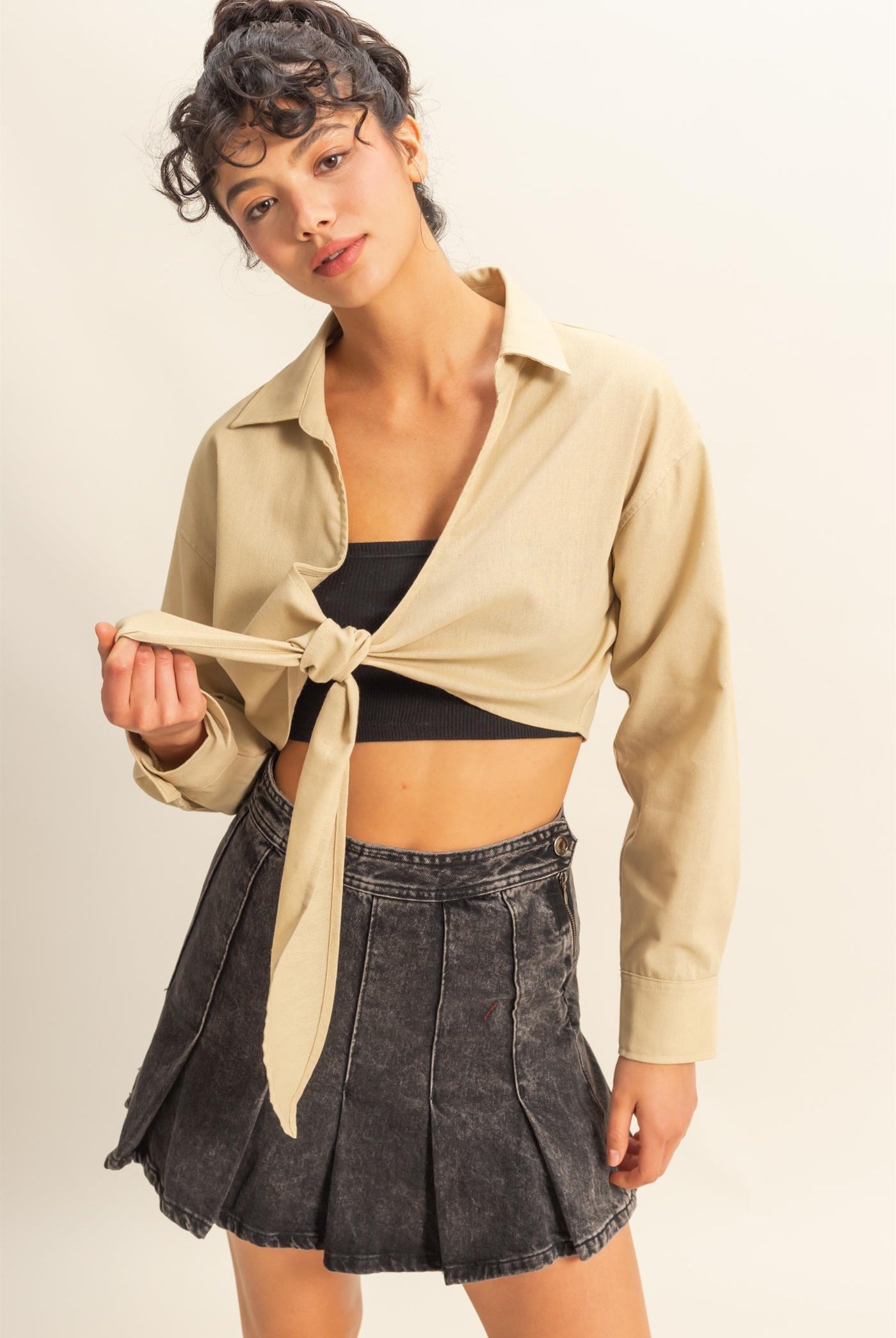 Wholesale Sand Washed Tie Front Crop Top Blouses DZ24C963 LIGHT TAUPE DOUBLE ZERO