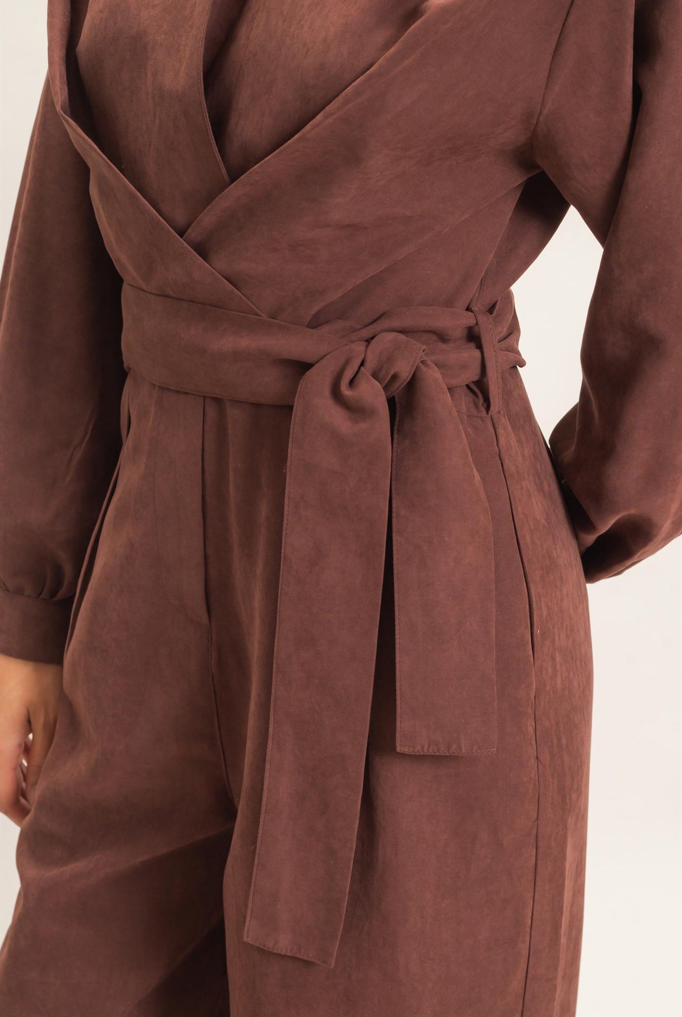 Wholesale Collared Wrap Suede Jumpsuit Clothing HF26C905 BROWN HYFVE