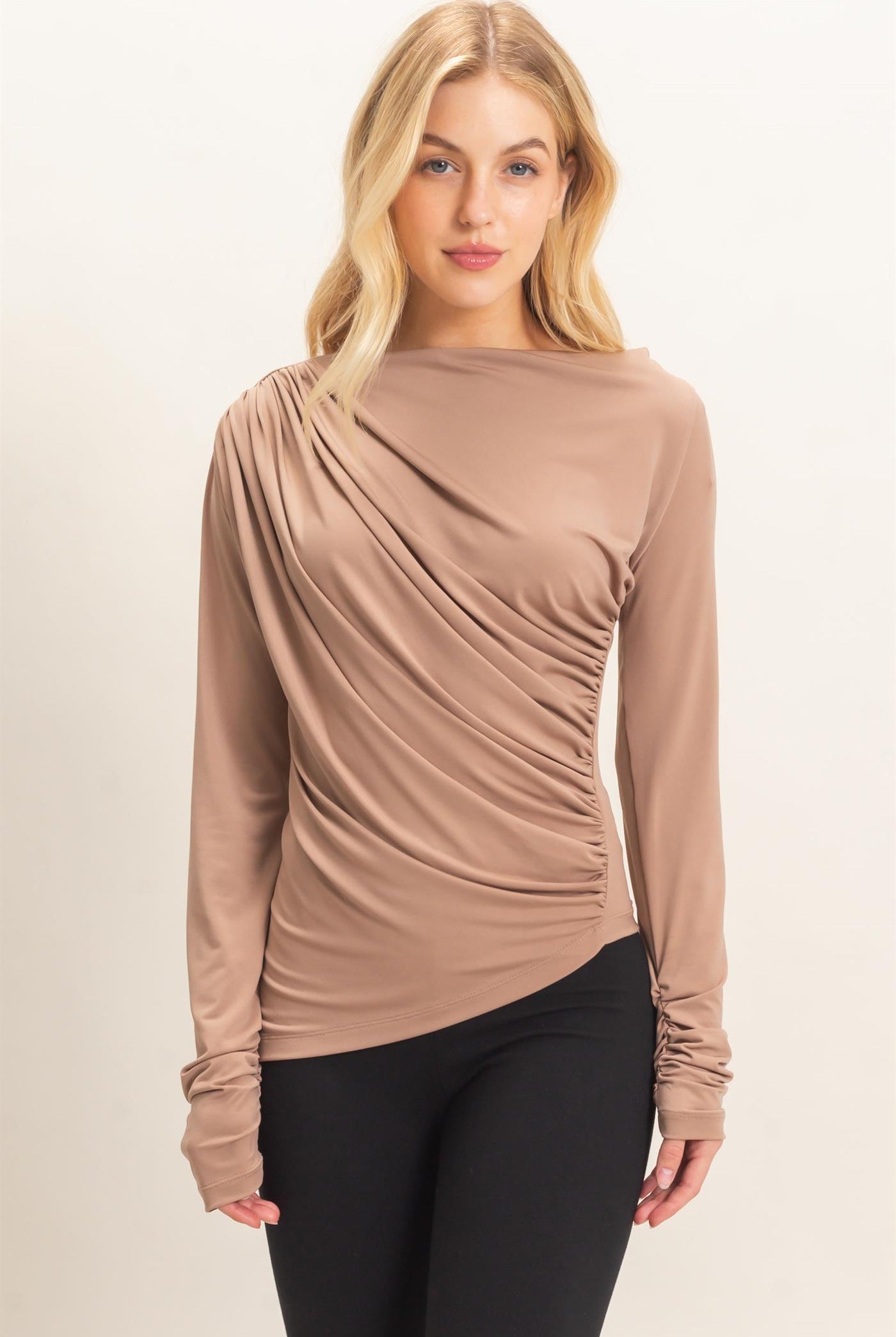 Wholesale Asymmetrical Ruched Long Sleeve Top Clothing Tops HF26C683 DARK TAUPE HYFVE