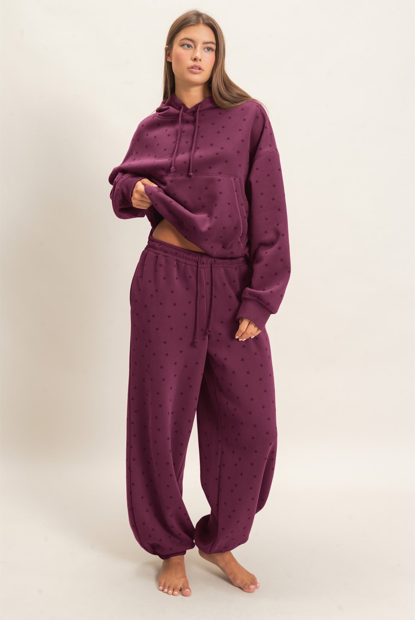 Wholesale Star Print Elastic Waist Jogger Pants Joggers DZ26E287 DARK CHERRY DOUBLE ZERO