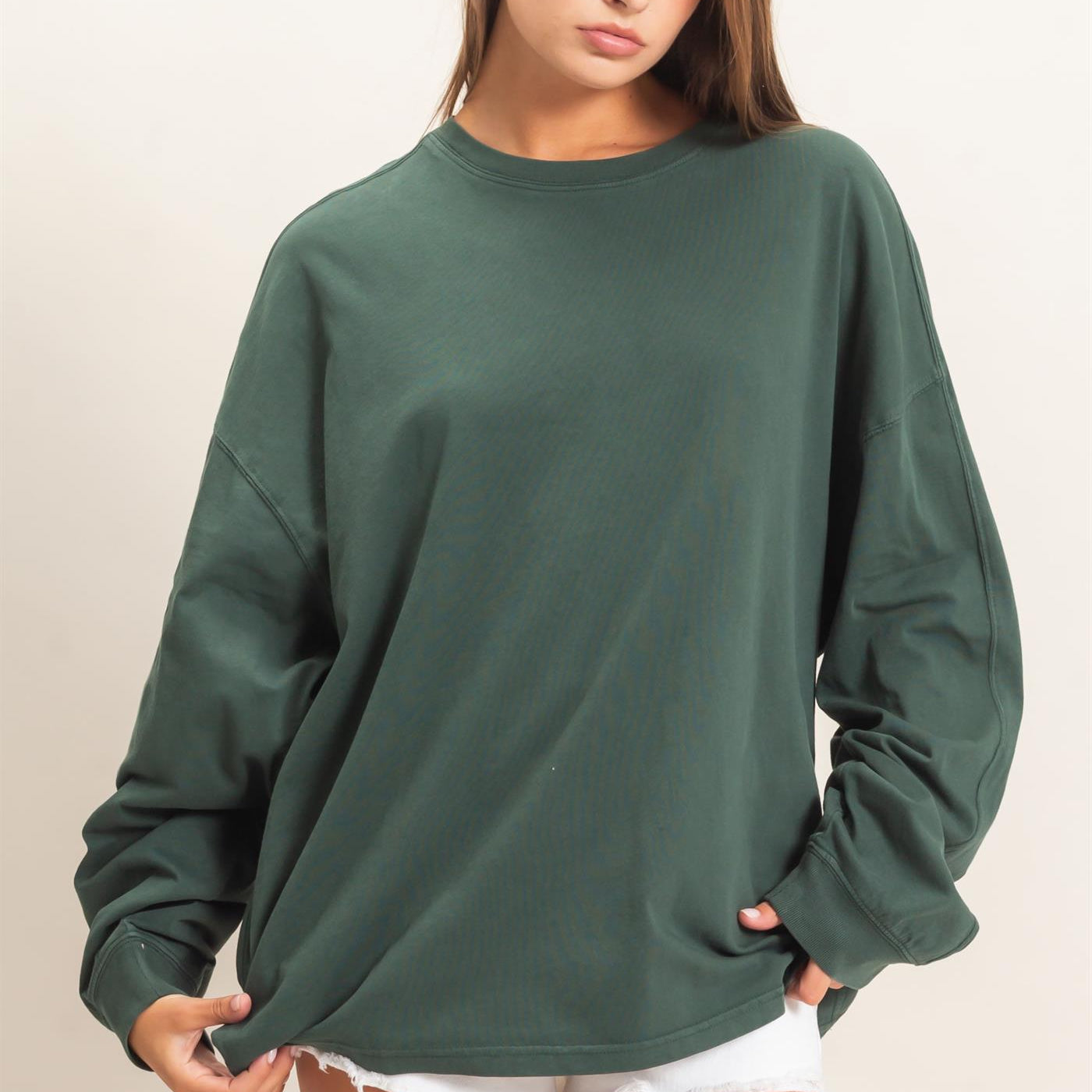 Wholesale Pigment Dye Oversized Long Sleeve Top Clothing Tops DZ26A825 DARK GREEN DOUBLE ZERO